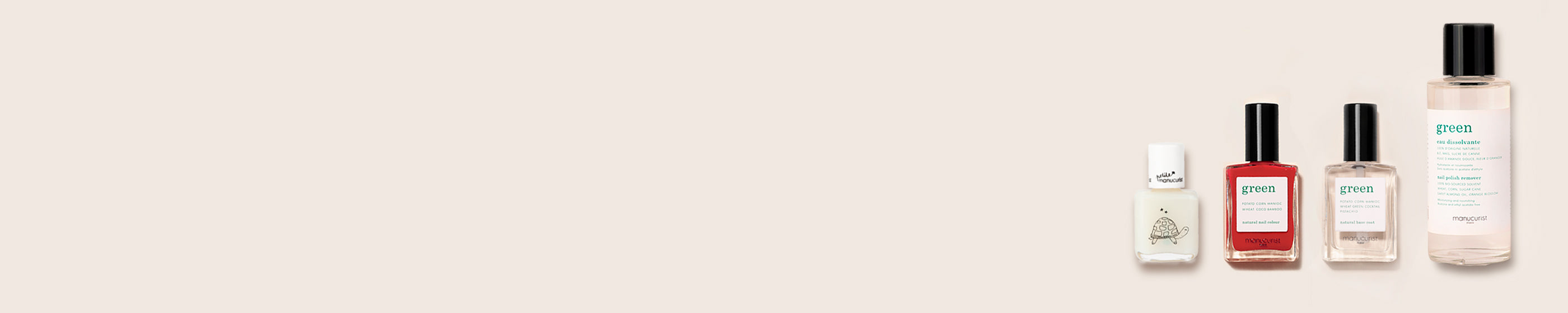 Four bottles of nail care products, including nail polish and remover, are lined up on the right side of a light beige background with ample empty space on the left.