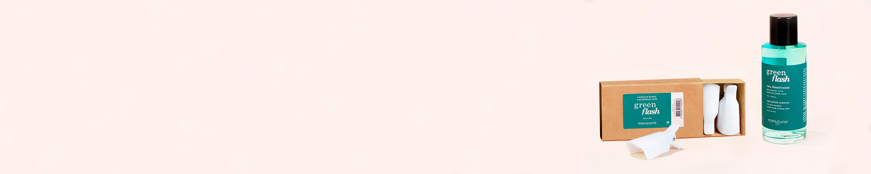 A box of cotton pads and a turquoise bottle of Green Flash nail polish remover are displayed on a light pink background.