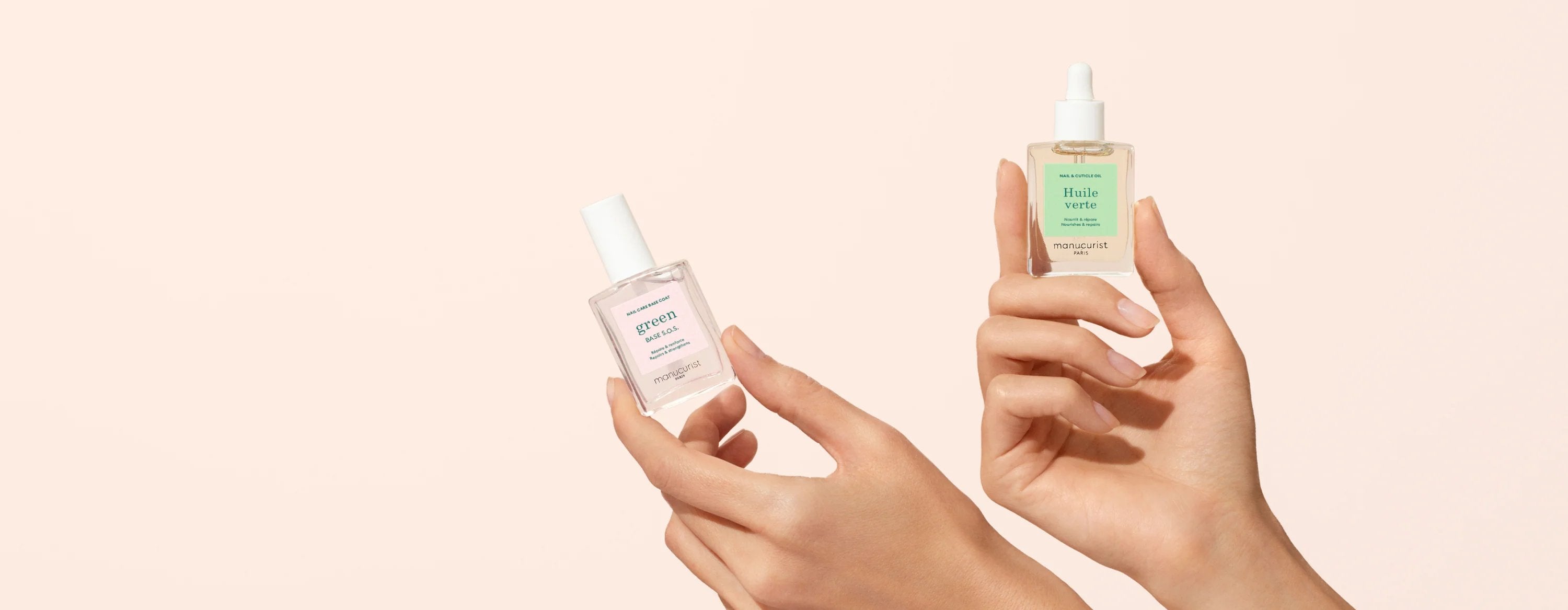 Two hands hold up skincare products against a light beige background. One holds a clear bottle with a white cap, the other holds a dropper bottle with a green label and white dropper top.