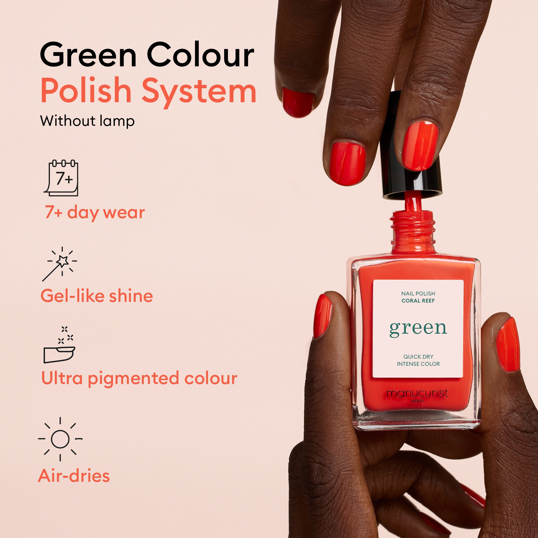 A hand holds a coral polish from Manucurist’s Customisable Trio Green, while another applies it. Features include 7+ day wear, ultra-pigmented color, gel-like shine, and air-dries without a lamp.