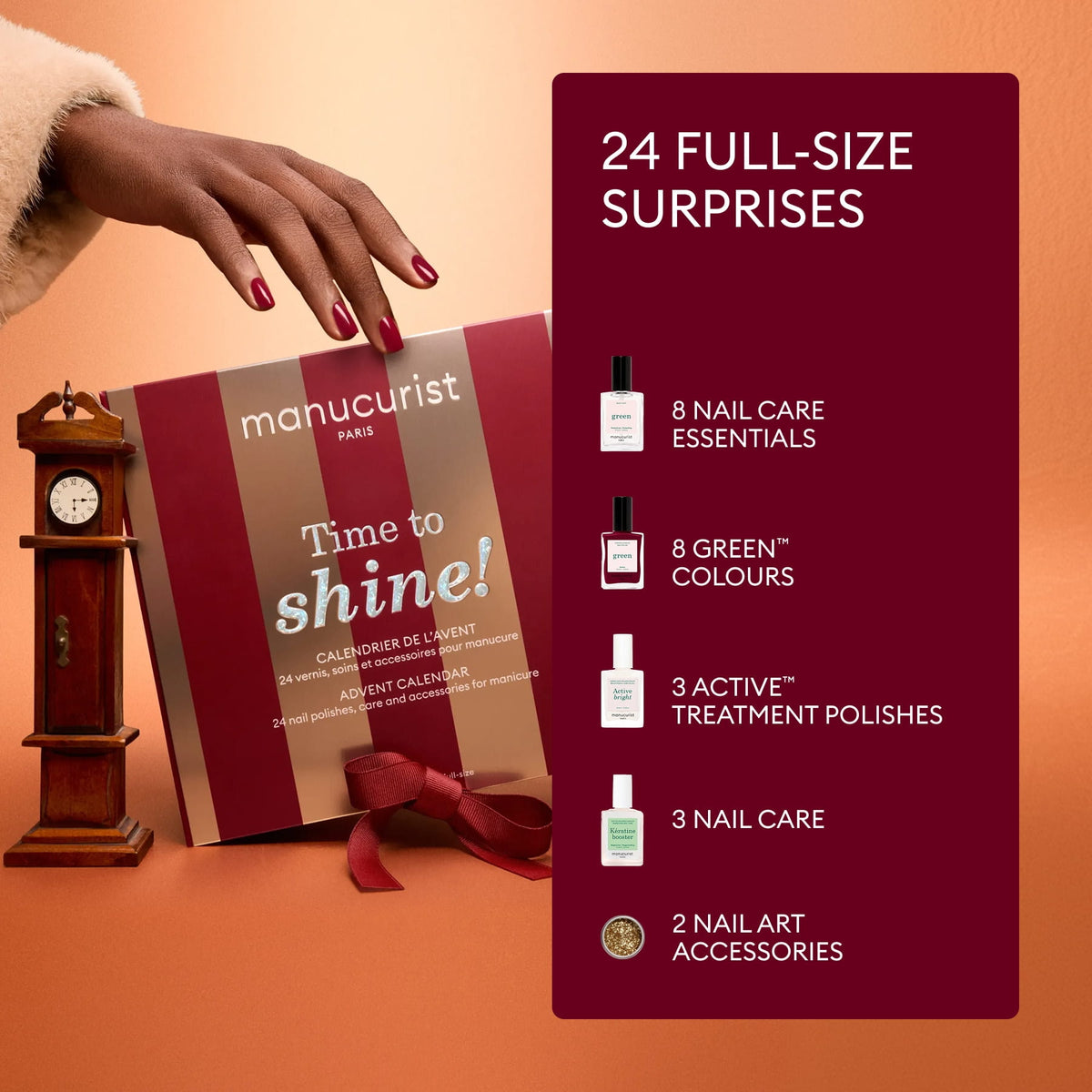 A hand reaches for the Manucurist Advent Calendar Time to Shine! Next to it, a small clock sits beside text highlighting 24 full-size surprises: nail care essentials, the new Active Shine Icy treatment, vibrant shades, and nail art accessories.