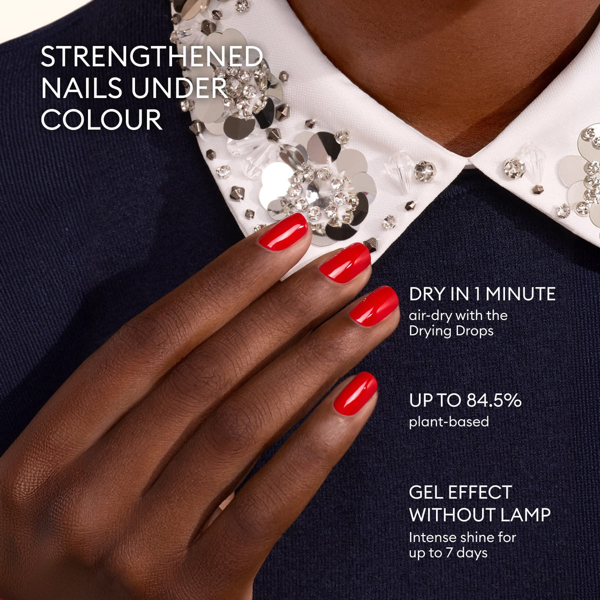 A hand with glossy red nails, perfected with Manucurist’s Advent Calendar Time to Shine!, rests on a navy dress with a white, jeweled collar. Text highlights this fast-drying, plant-based gel-effect nail polish that lasts up to 7 days—making it an ideal treat for any Advent Calendar.