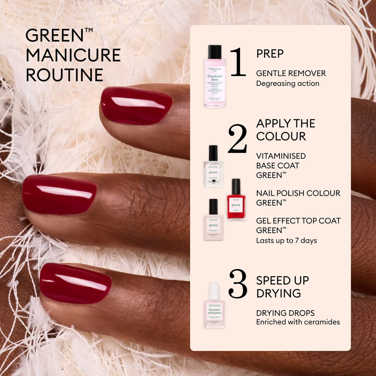 A hand with glossy red nails is featured next to the Manucurist Advent Calendar Time to Shine!, a manicure routine guide outlining three steps: prep, apply color for nail care, and speed up drying with products like Active Shine Icy. The scene is set against a soft, white textured background.