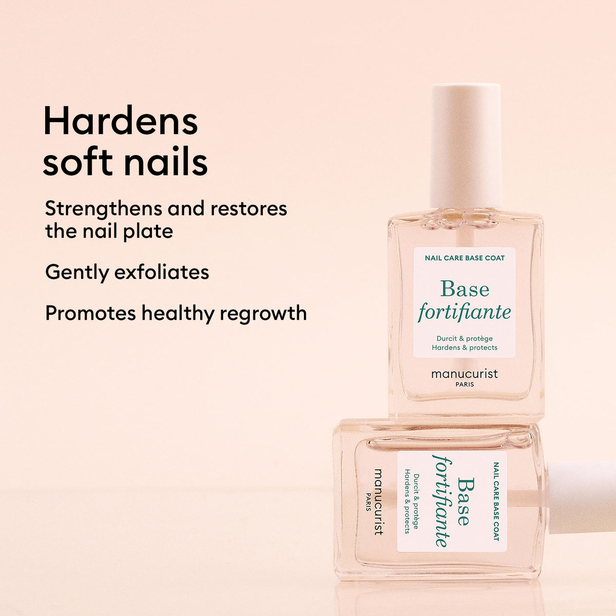 Two bottles of Manucurist Force Nail Hardener are displayed on a light pink background. Text on the left highlights benefits: hardens soft nails, strengthens, exfoliates, and promotes regrowth for healthier nails.