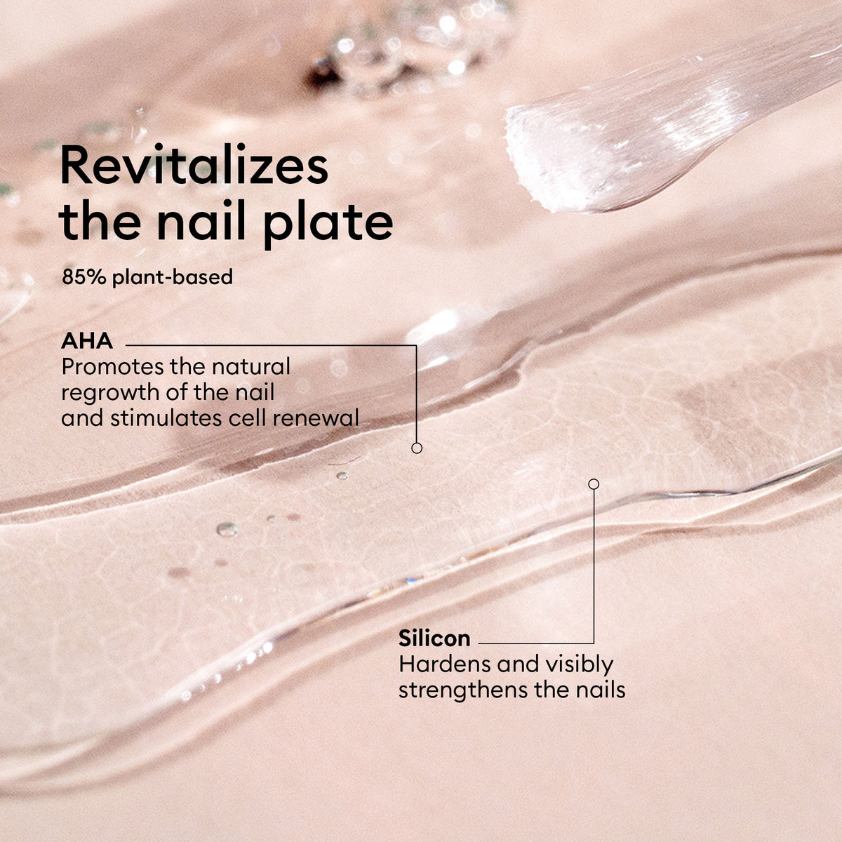 Close-up of Manucurist Force Nail Hardener being applied. Text highlights: 85% plant-based, revitalizes nails, AHA promotes regrowth, and silicon strengthens the nail plate.