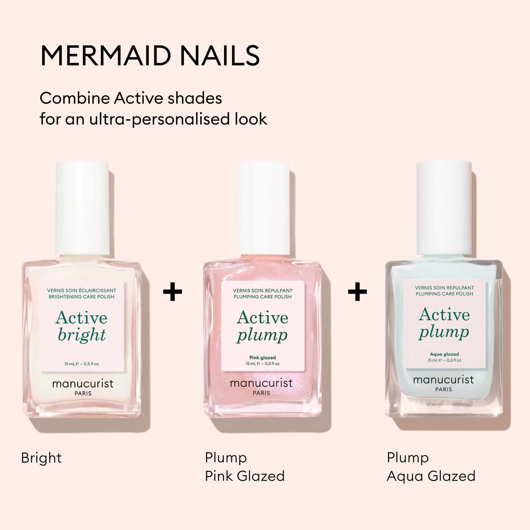 Three Manucurist collagen nail polishes—Active Bright, Active Plump Pink Glazed, and Active Plump Aqua Glazed—are displayed side by side with "Mermaid Nails" above, spotlighting custom combos and volumizing care for hydrated nails.