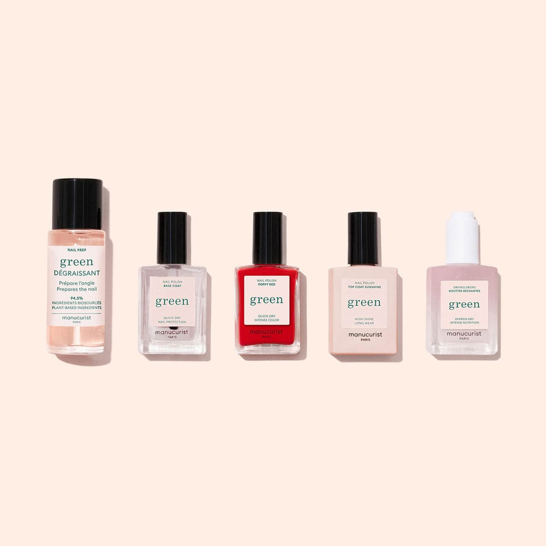 The Manucurist Discovery Kit, featuring five bottles arranged on a light beige background, includes a degreasing solution, two clear polishes, a red gel effect polish, and a light pink plant-based polish.