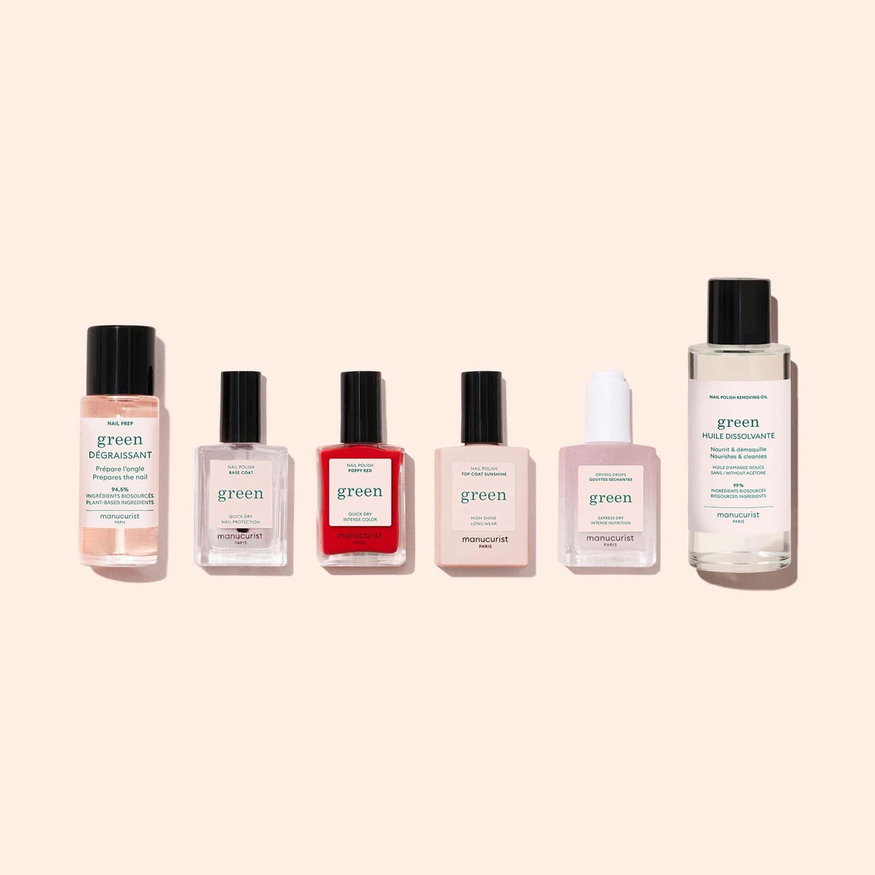Six bottles from the Manucurist Discovery Kit, featuring plant-based nail polish and care products, including remover, gel effect shades, and nail oil, arranged in a row on a light beige background.