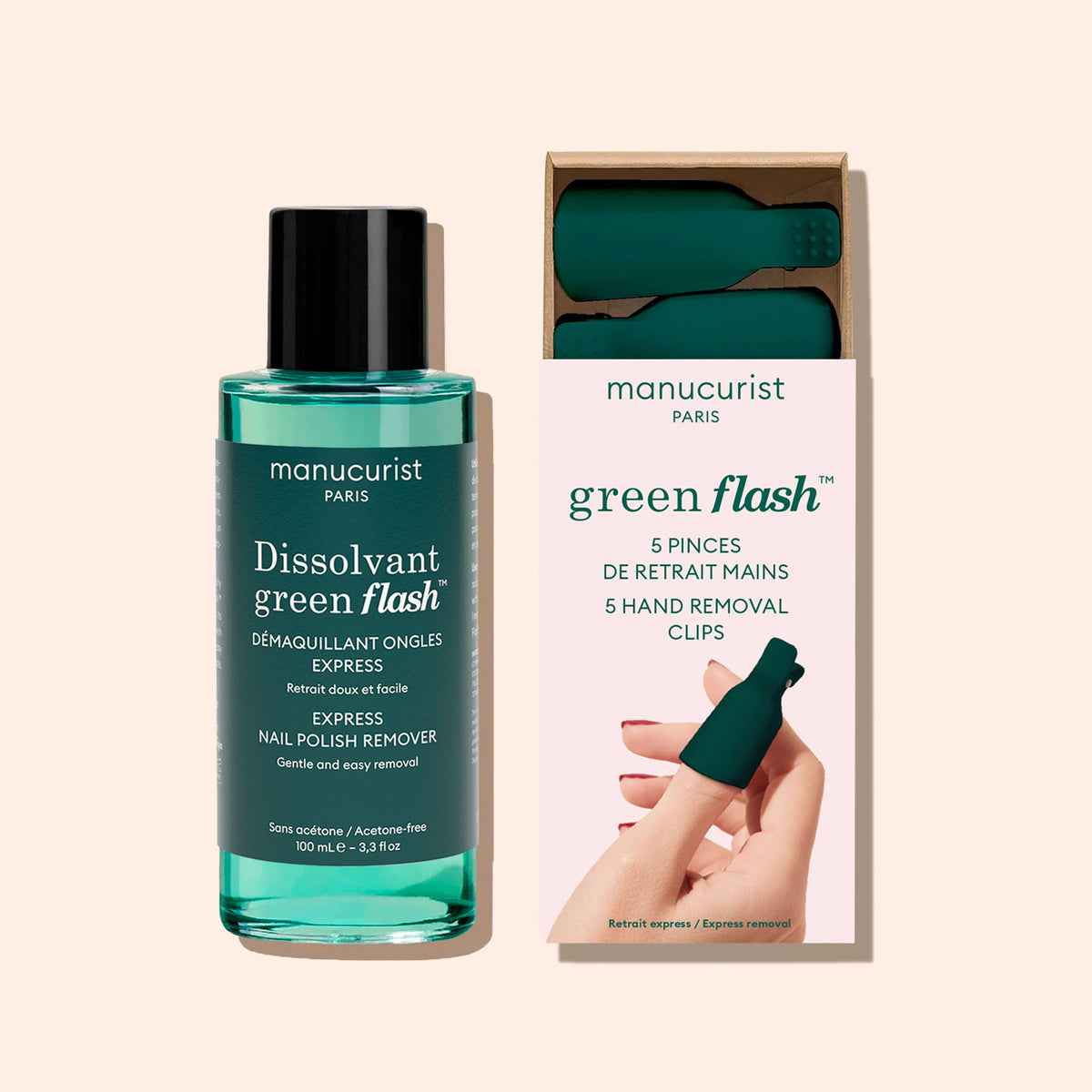 A bottle of Manucurist Green Flash gel polish remover is displayed beside a box of Manucurist Nail Clips (5 count), which features an image of a hand wearing one clip on the packaging for easy and quick gel polish removal.