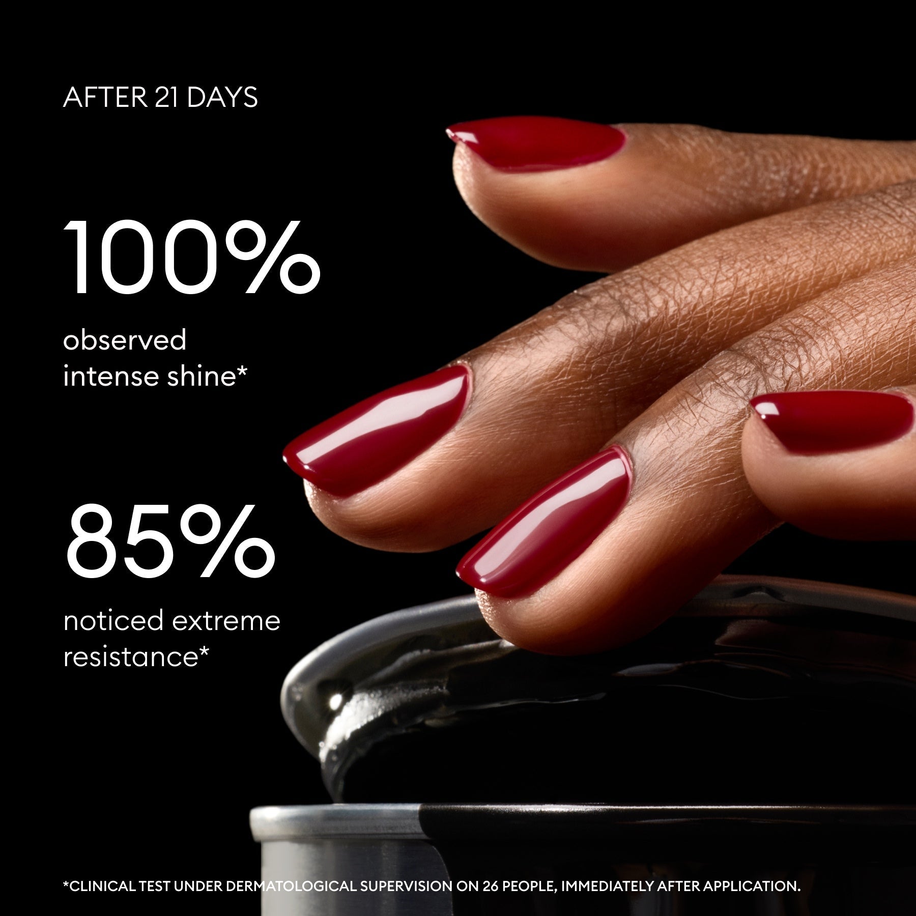 Close-up of hands with glossy dark red nails using Manucurist Xtrem Flash™ Gel Top Coat on a black surface. Text: After 21 days: 100% saw intense shine, 85% noticed extreme resistance” with clinical test disclaimer below.