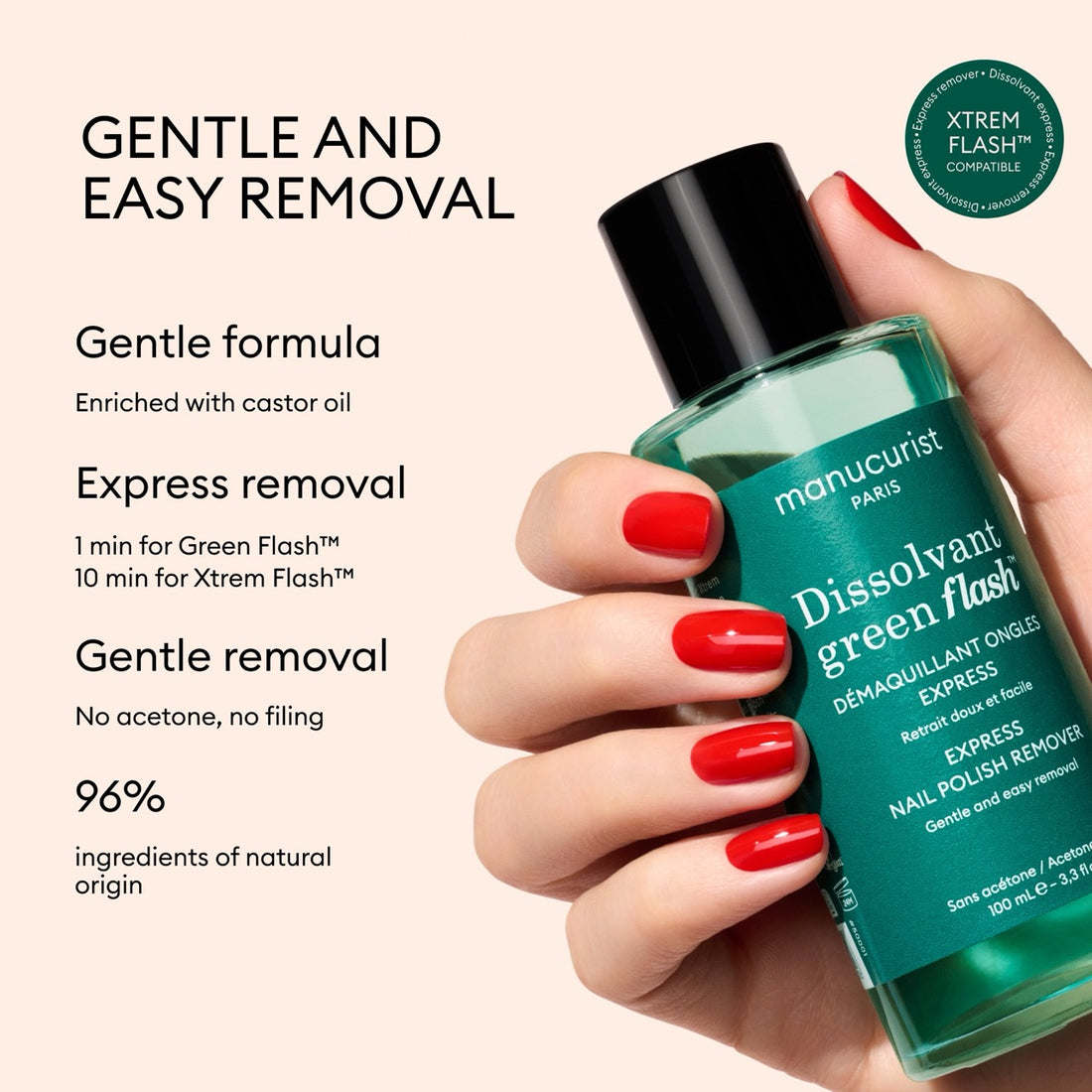 A hand with red nails holds a green bottle of Manucurist Green Flash™ Gel Polish Remover, which gently and easily removes gel polish in express time with a 96% natural origin formula.