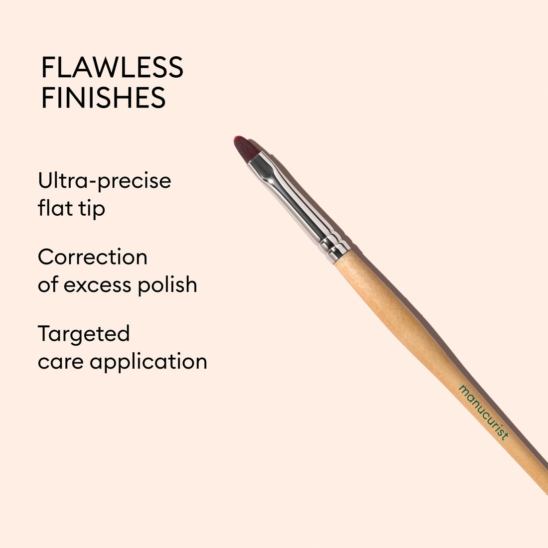 The Manucurist Flat Brush nail art tool with an ultra-precise flat tip is displayed on a pink background. Text emphasizes its effectiveness in correcting excess polish, enabling targeted cuticle care application, and making it ideal for perfecting your manicure.