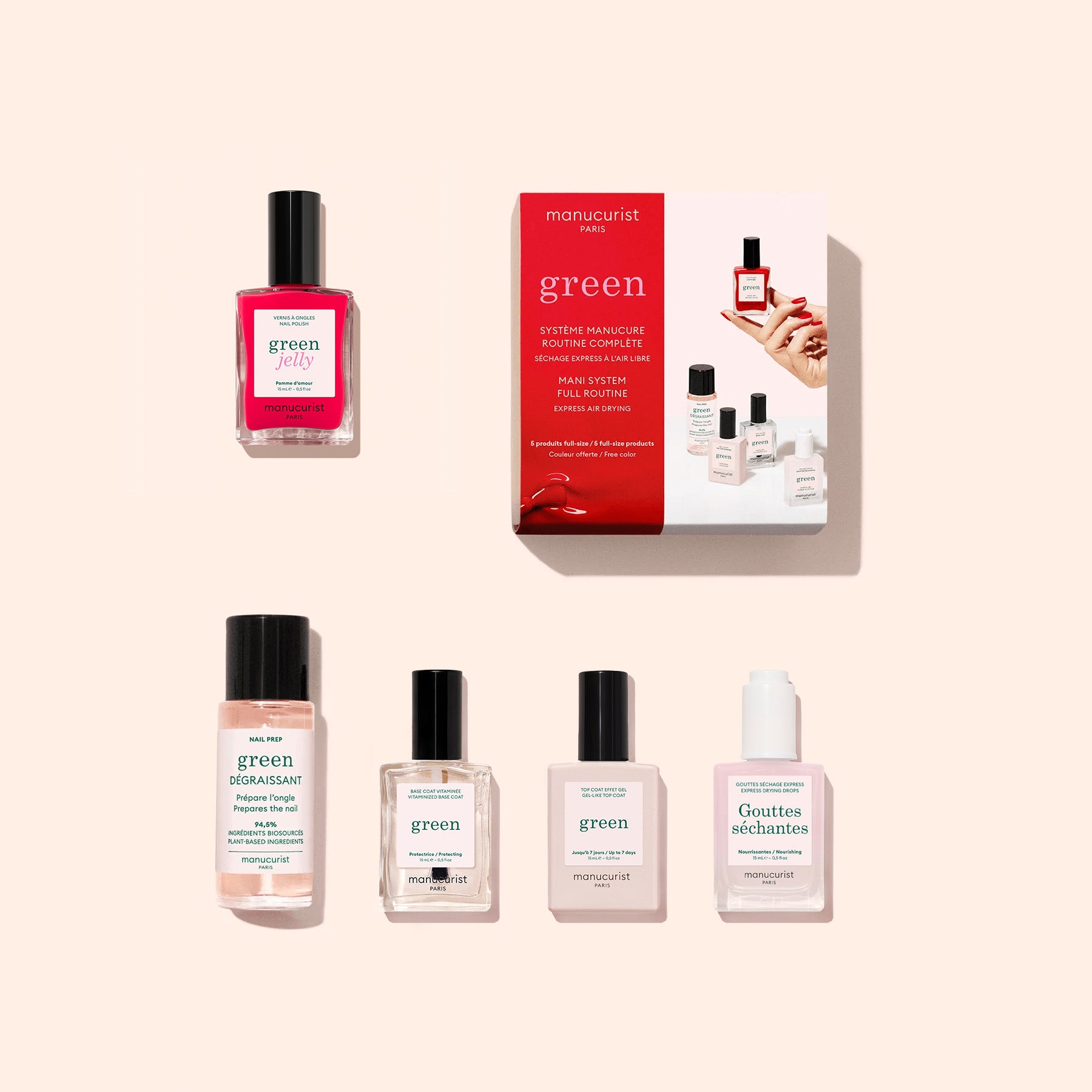 The Manucurist Discovery Kit - Jelly Nail Polish, featuring five plant-based nail polishes, is shown neatly arranged on a light beige background next to a “manucurist nails green” box.