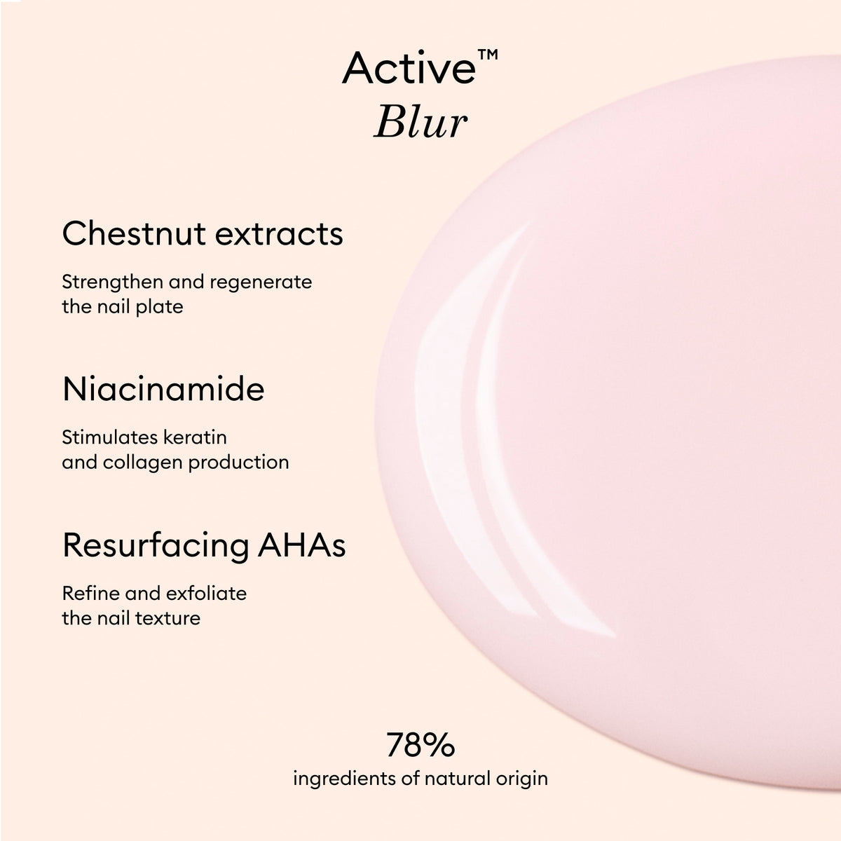 Infographic highlights the benefits of Manucurist Active™ Blur: chestnut extracts help strengthen nails, niacinamide supports keratin and collagen production, and AHAs refine nail texture. The text notes that 78% of ingredients are from natural origin. Set against a pink background with a glossy smear, this blurring care polish is presented as a nail strengthener for visibly smoother, healthier-looking nails.