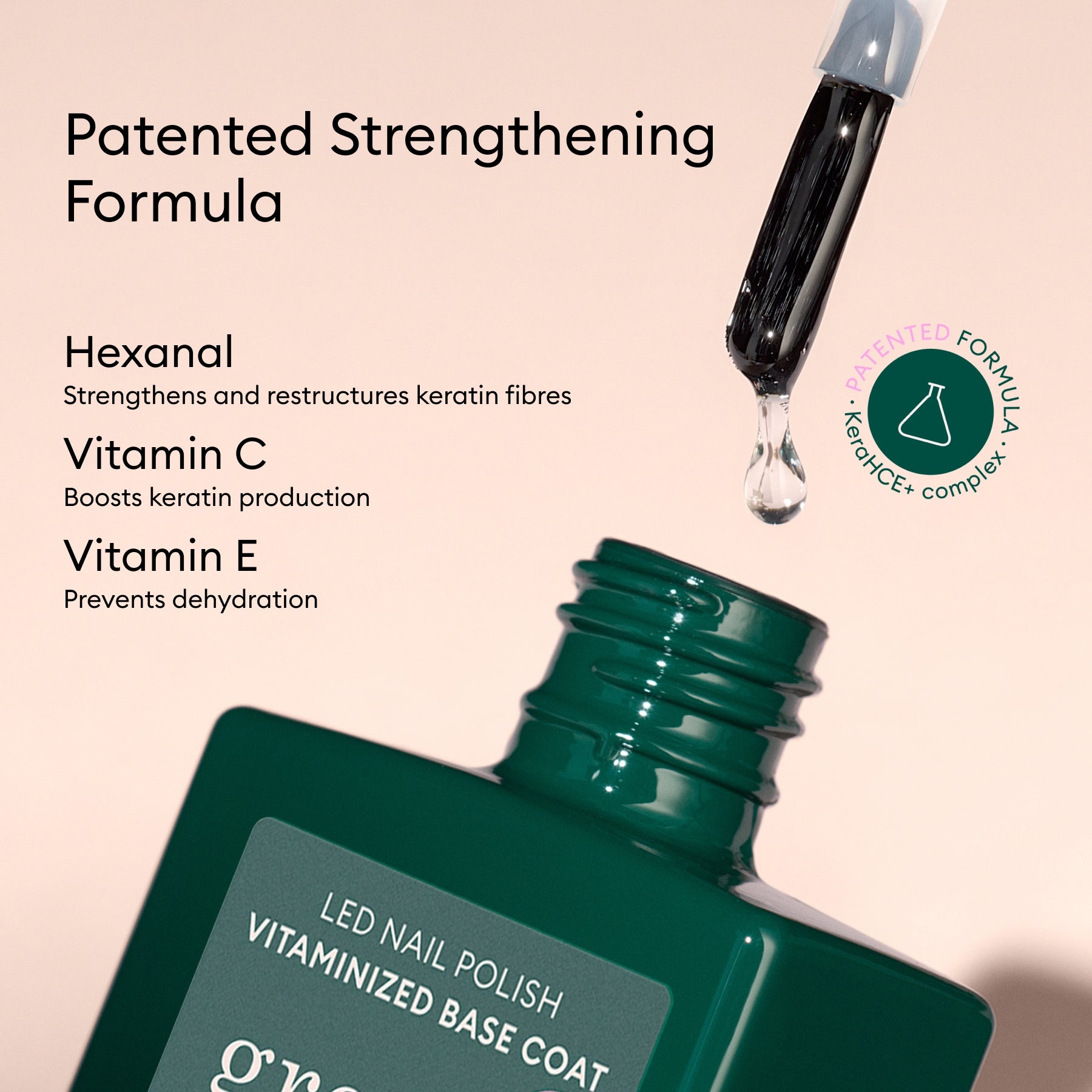 A green Super Addict Kit bottle by Manucurist labeled VITAMINIZED BASE COAT with an open cap. A dropper releases a clear drop for an ultra-glossy manicure. Key ingredients: Hexanal, Vitamin C, Vitamin E, and a patented formula.