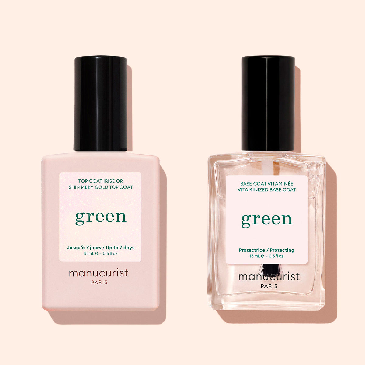 Two bottles of Manucurist nail products: a pink Glitter Top Coat with a gel-like finish on the left and a clear Base Coat on the right, both with black caps, set against a light beige background.