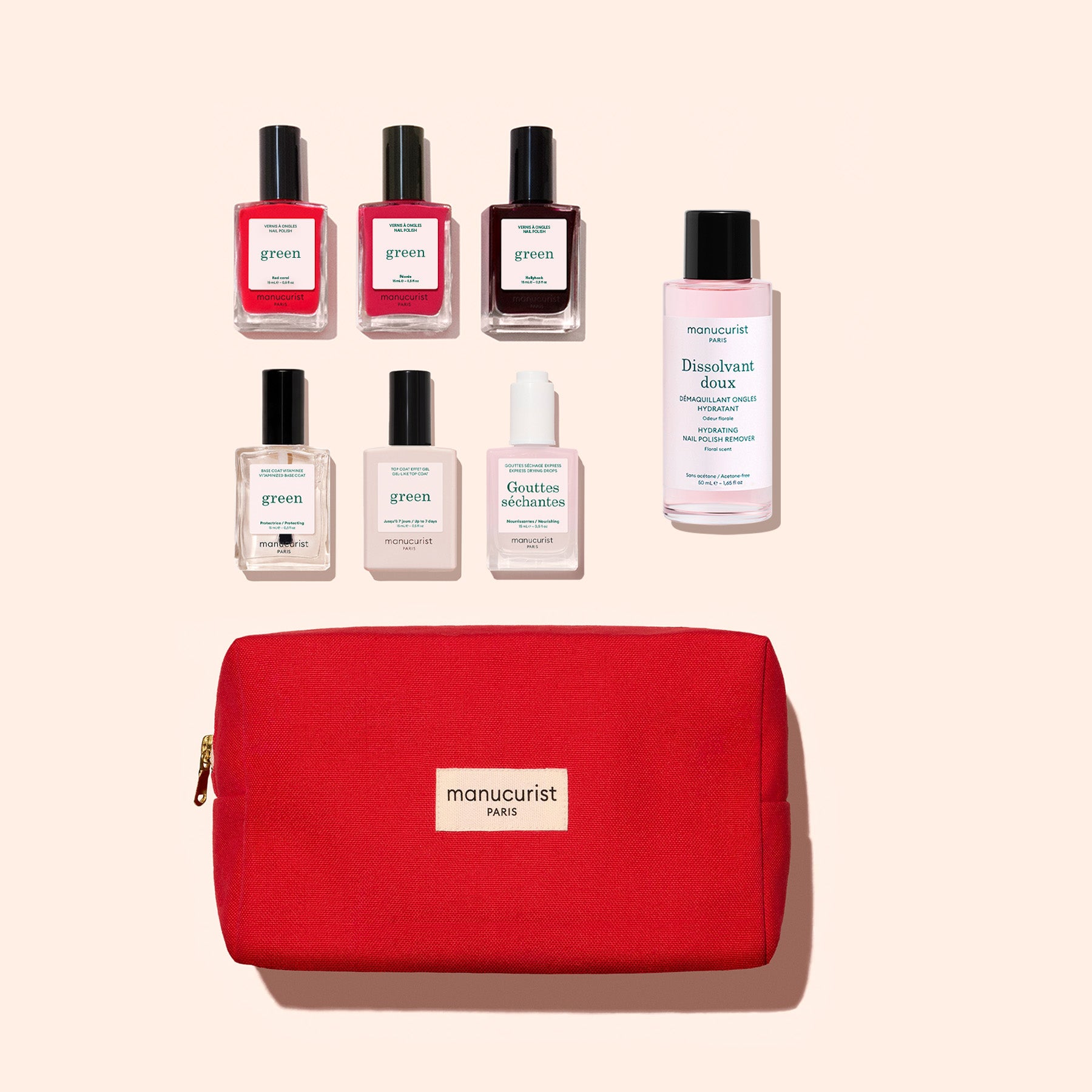 A Manucurist Starter Kit, featuring a red manicure bag with six gel-effect nail polish bottles and one nail polish remover displayed above it, all set against a light beige background.