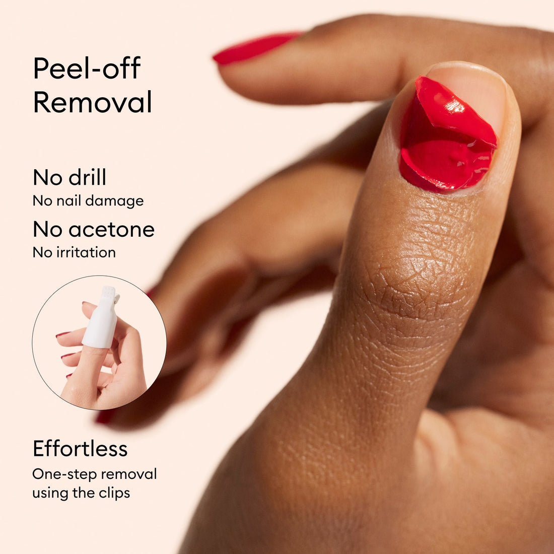 A hand with red nails peels off polish using clips, showing effortless one-step removal of Manucurist Xtrem Flash™ Gel Top Coat—no drill or acetone needed. Inset displays a nail clip, ideal for a long-lasting manicure.