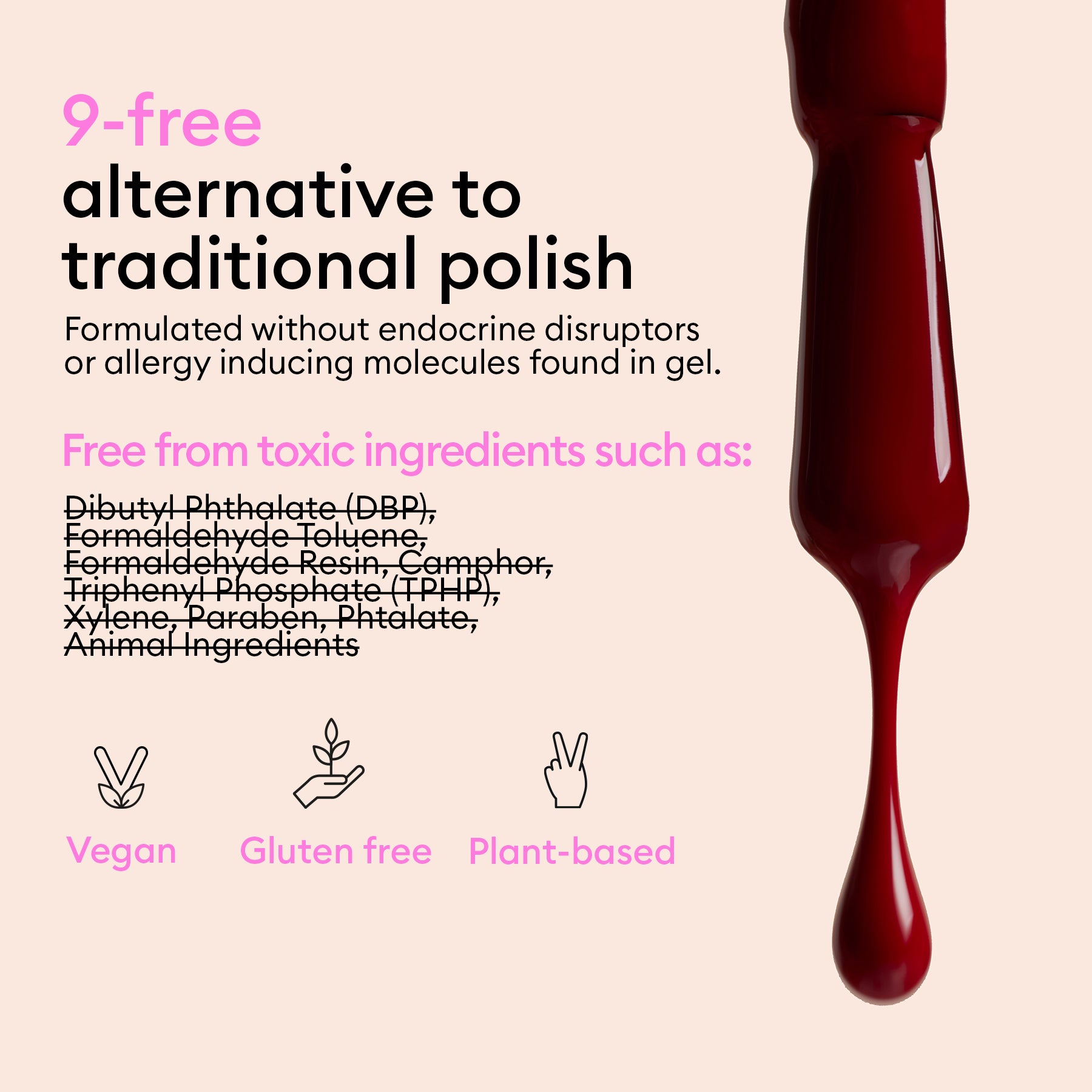 A green drip of Manucurist’s Customisable Rainbow Green polish beside text highlighting its 9-free, vegan, gluten-free, plant-based formula—free from toxic ingredients—on a pale pink background.