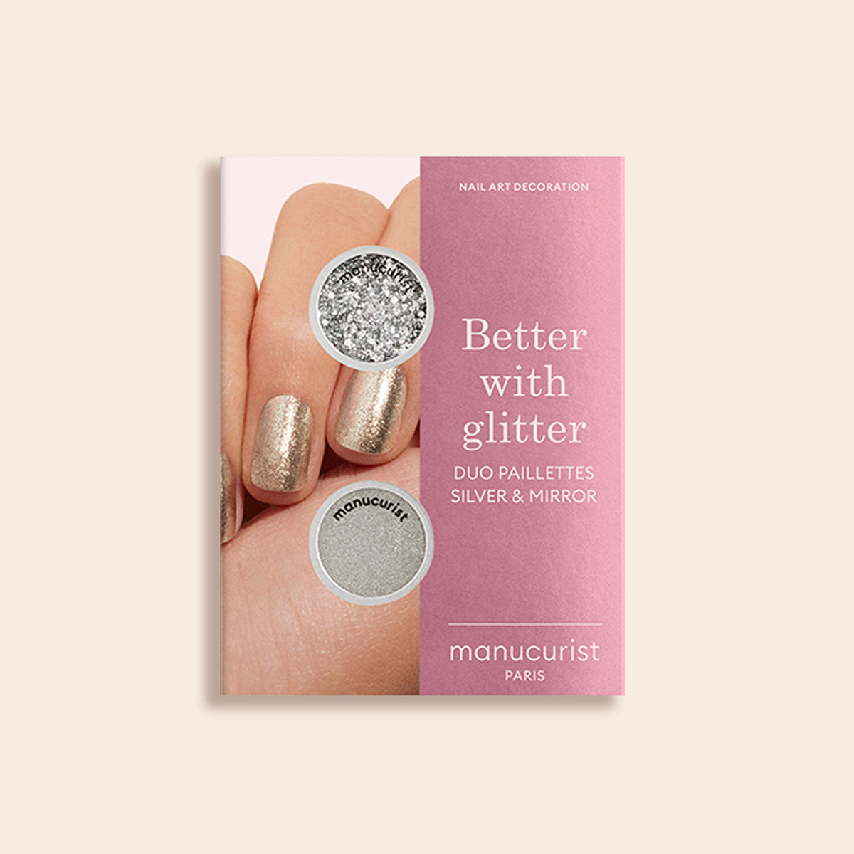 A box labeled Glitter Duo Silver Mirror by Manucurist displays silver glitter and mirror effect nail powders, with a photo of a hand featuring metallic, pearlescent shine and glittery polish.
