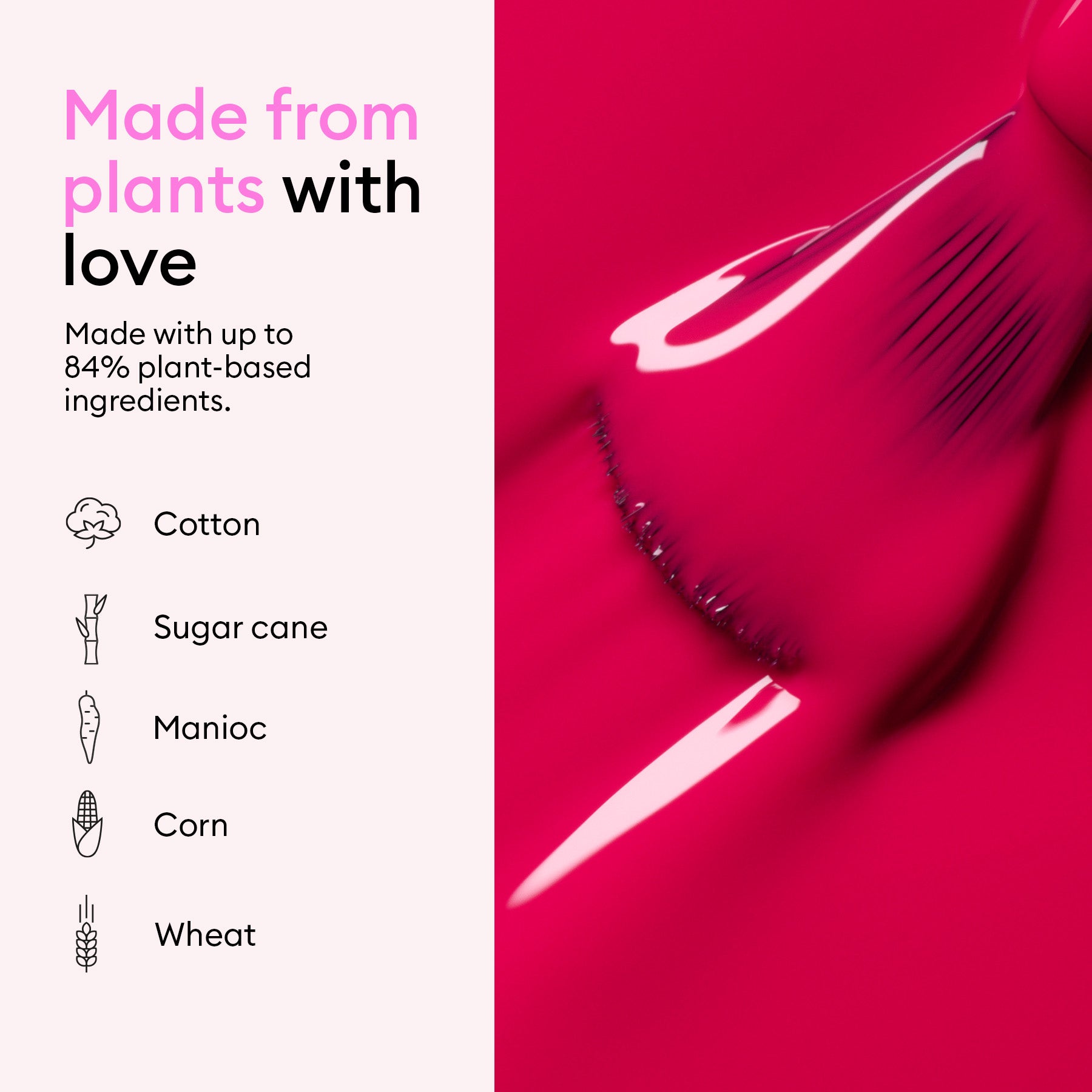 Promotional graphic for Manucurist Welcome Kit Green Flash™ with pink liquid on the right and text on the left: Made from plants with love, featuring up to 84% plant-based ingredients—cotton, sugar cane, manioc, corn, wheat icons included.