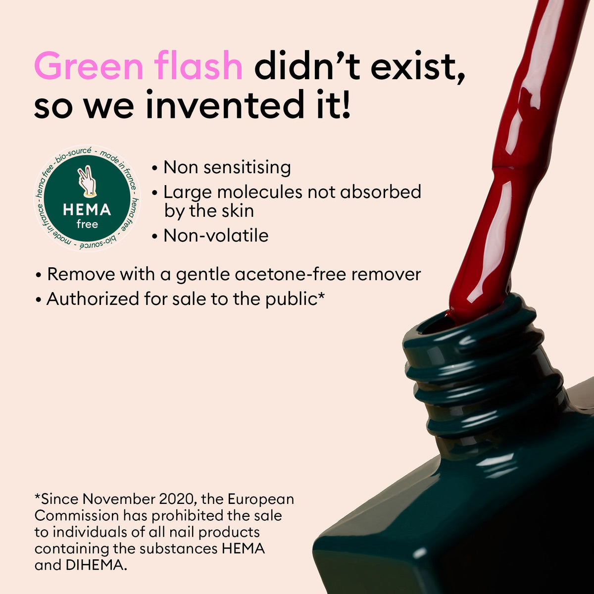 A bottle of Manucurist Welcome Kit Green Flash™ nail polish is poured, highlighting its HEMA-free, non-sensitising, and non-volatile formula—safe for public sale. EU has restricted HEMA and DIHEMA in nail products since 2020.