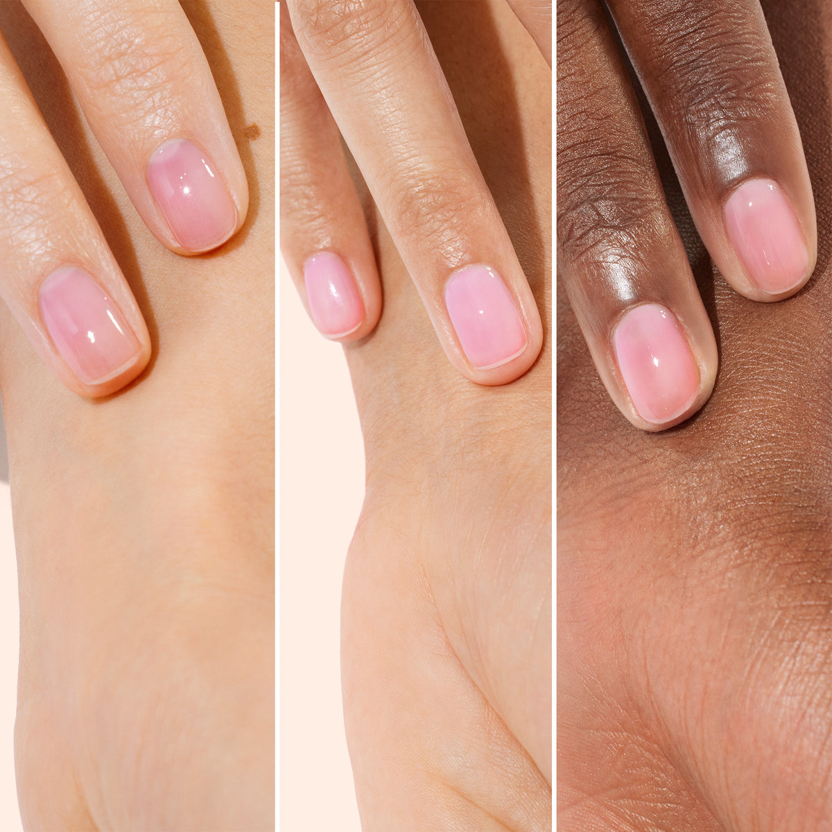 Three close-up panels display hands with neatly manicured nails painted in Manucurist’s Active™ Glow Blueberry—a pale pink polish—highlighting diverse skin tones and smooth, healthy nails for a beautiful showcase of nail care and radiant shine.