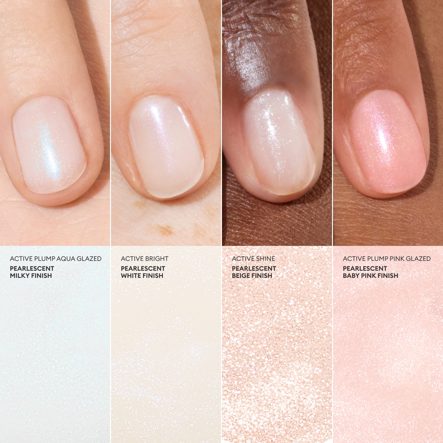 Four close-up images of nails painted with Manucurist Active™ Shine, a pearlescent, plant-based nail polish collection in aqua glazed milky, white, beige, and baby pink finishes—each shade beautifully showcased on different skin tones. Swatches of every color are displayed beneath each nail to help you find your perfect match while supporting nail care that helps strengthen your nails.