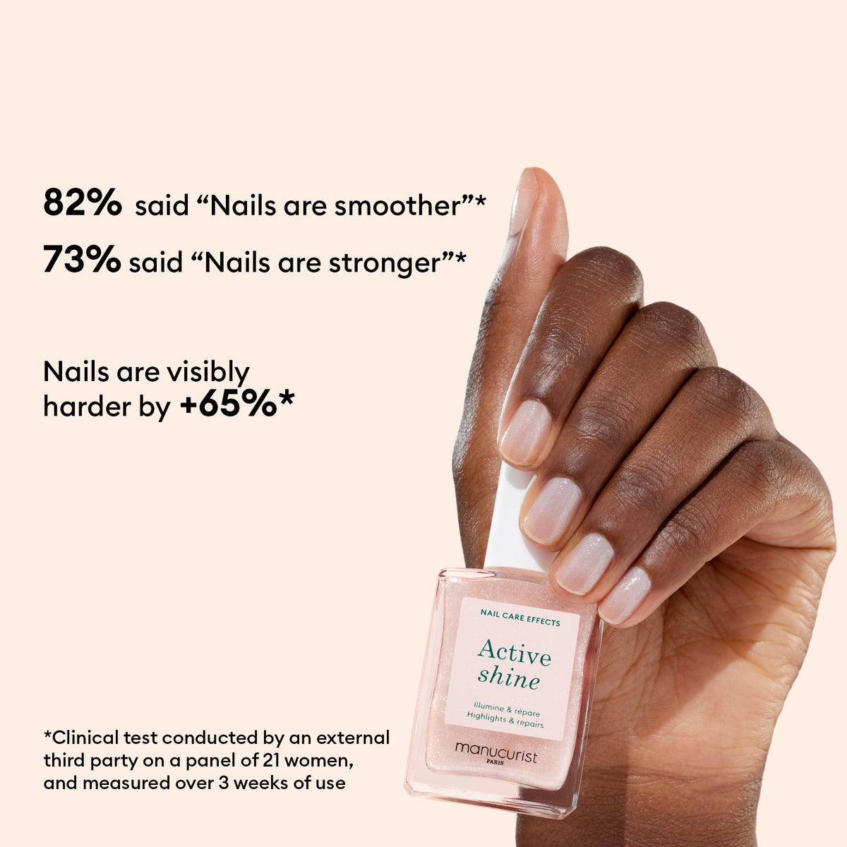 A hand holds a bottle of Manucurist Active™ Shine Opal, a plant-based nail polish formulated for optimal nail care. Text highlights clinical results: smoother, stronger nails and nails that are visibly harder by over 65%.