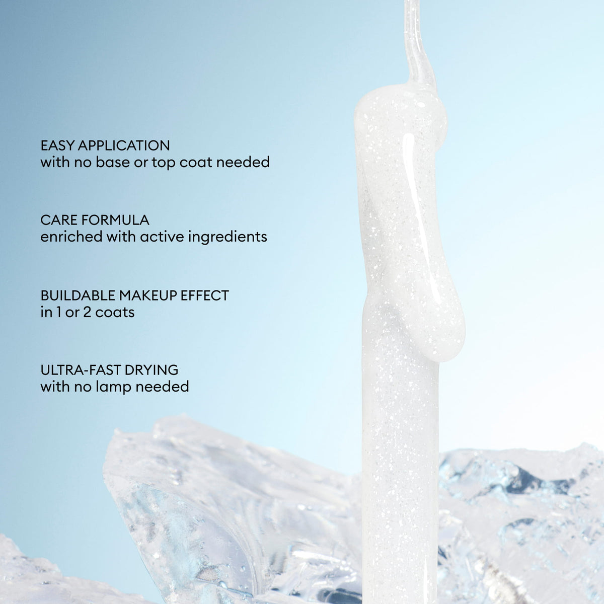 A close-up of the Manucurist Active™ Shine Icy nail polish brush with shimmery white, illuminating formula against an icy backdrop, featuring text highlighting easy application, a caring nail care formula, buildable coverage, and ultra-fast drying—for brighter-looking nails.