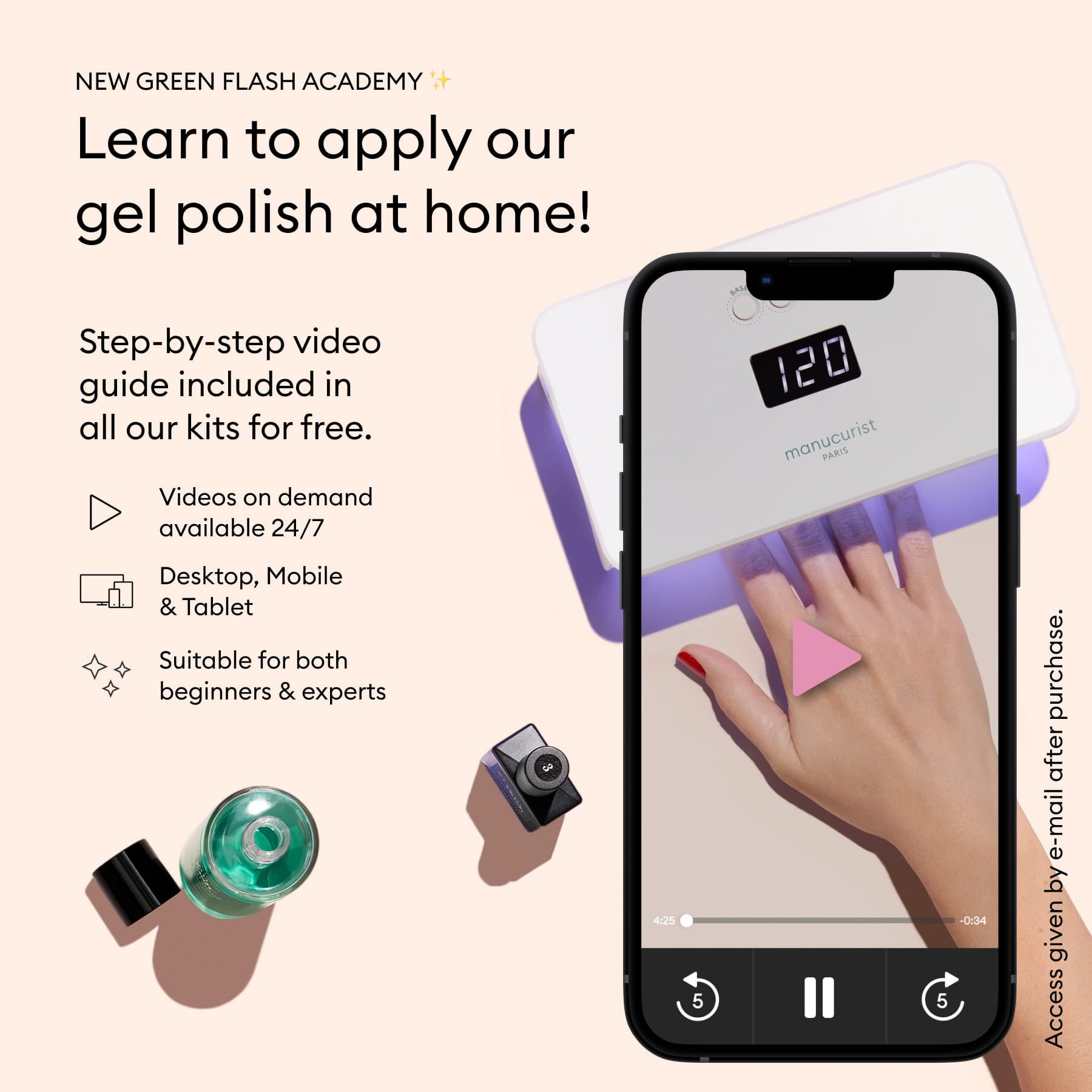 A smartphone shows a video of Green Flash Set gel polish by Manucurist applied under a UV lamp. On-screen text promotes an online academy with step-by-step guides for all levels, accessible on any device.