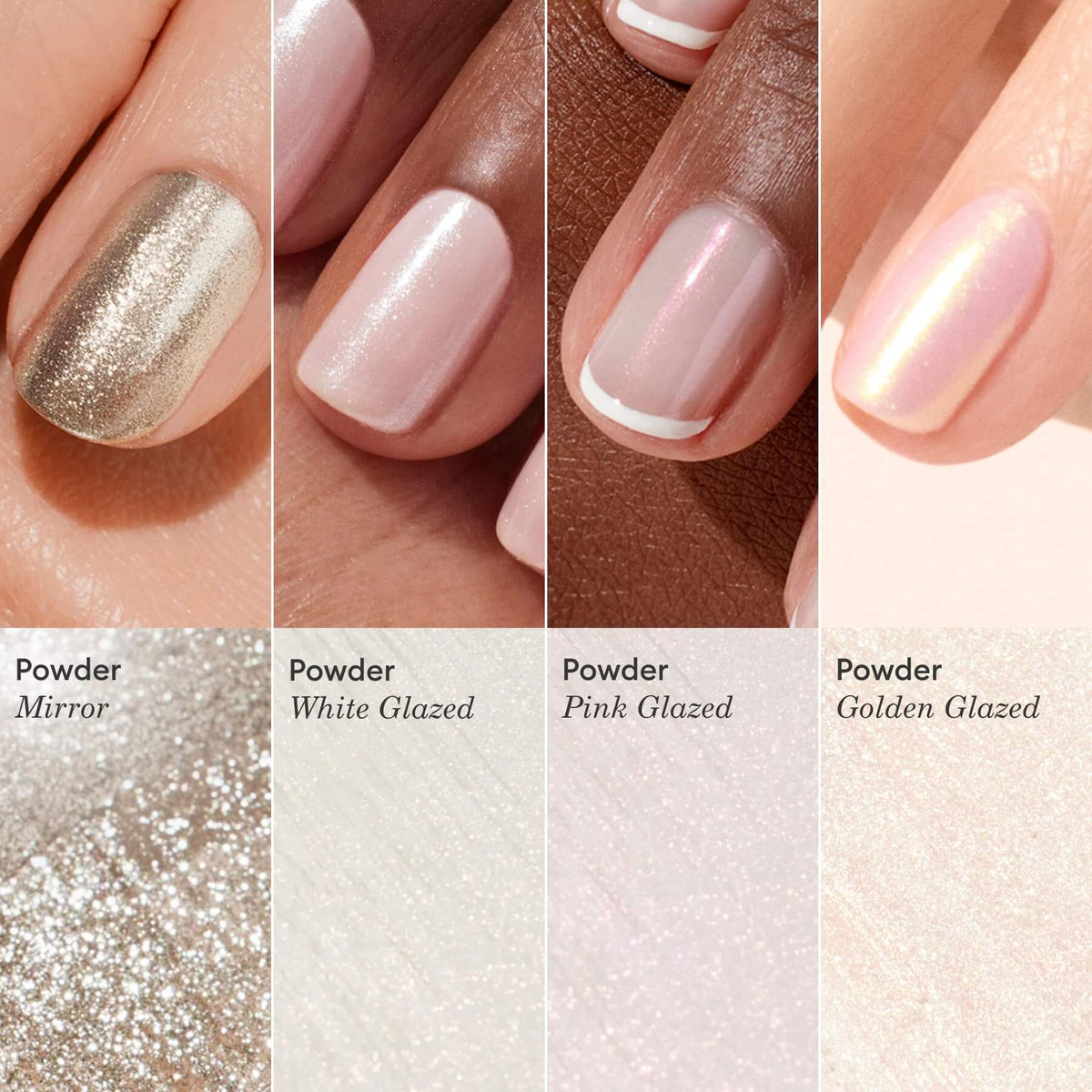 Four manicured nails display unique finishes—metallic mirror, Manucurist White Glazed Effect Powder, glossy pink with a white tip, and iridescent gold—for glamorous looks using nail pearls and matching powder textures.