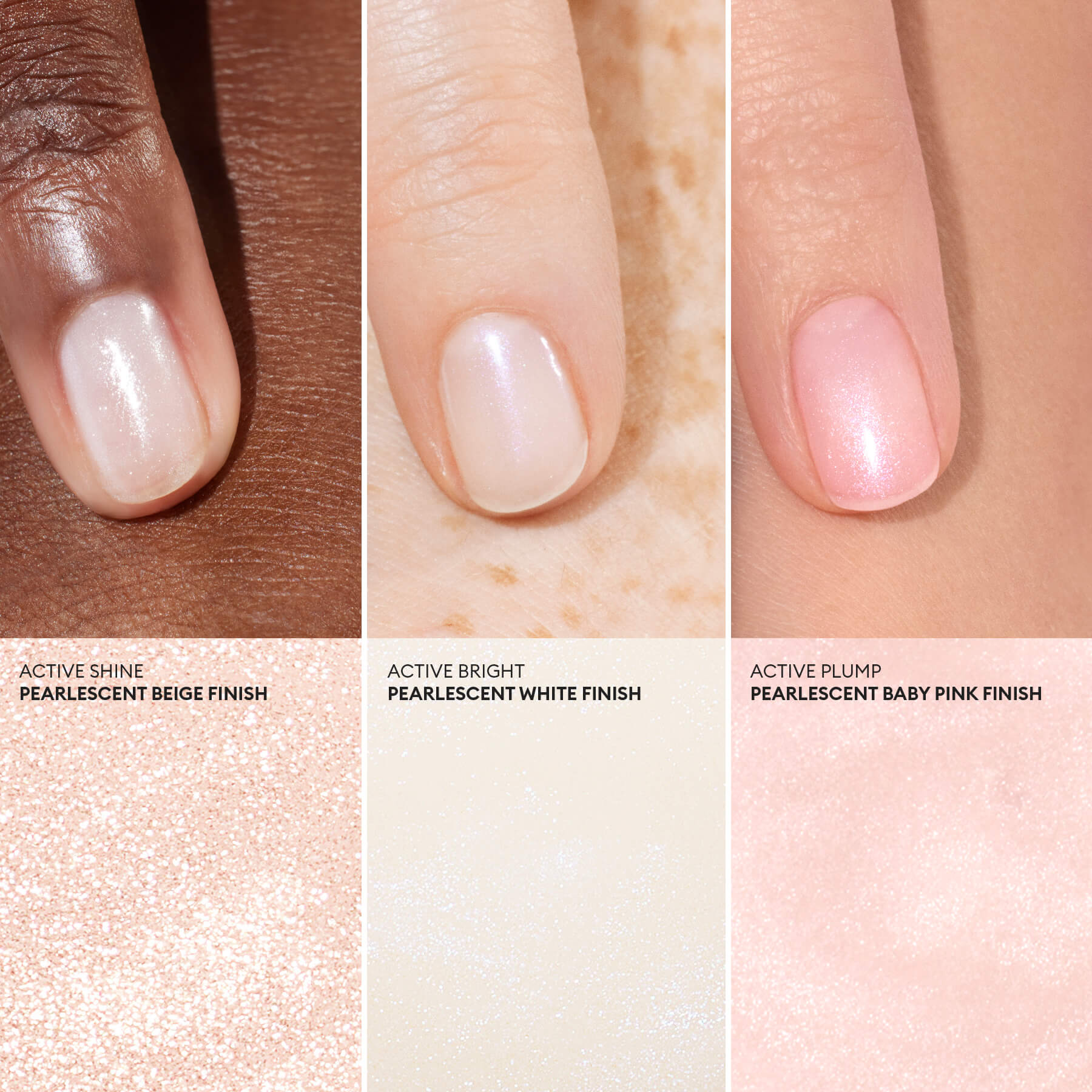 Three close-up shots show beige, white, and baby pink shimmery nails from the French Active™ Kit. Each labeled finish is paired with a matching texture swatch below, making selection from your nail kit quick and easy.