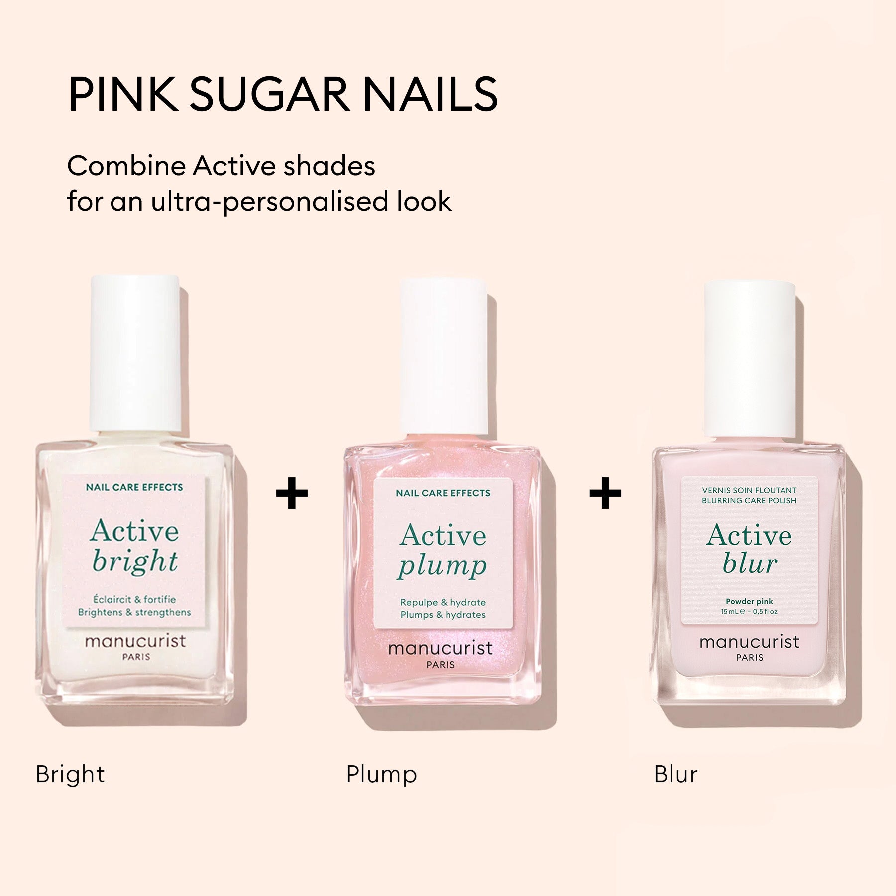 The Manucurist Customisable Trio Active™ features three nail care polishes arranged on a pale pink background, with text showcasing their makeup effect for a personalised look.