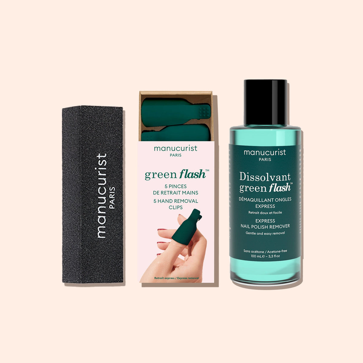 A black Manucurist Flash Removal Block, a box of five green nail removal clips, and a bottle of green nail polish remover.
