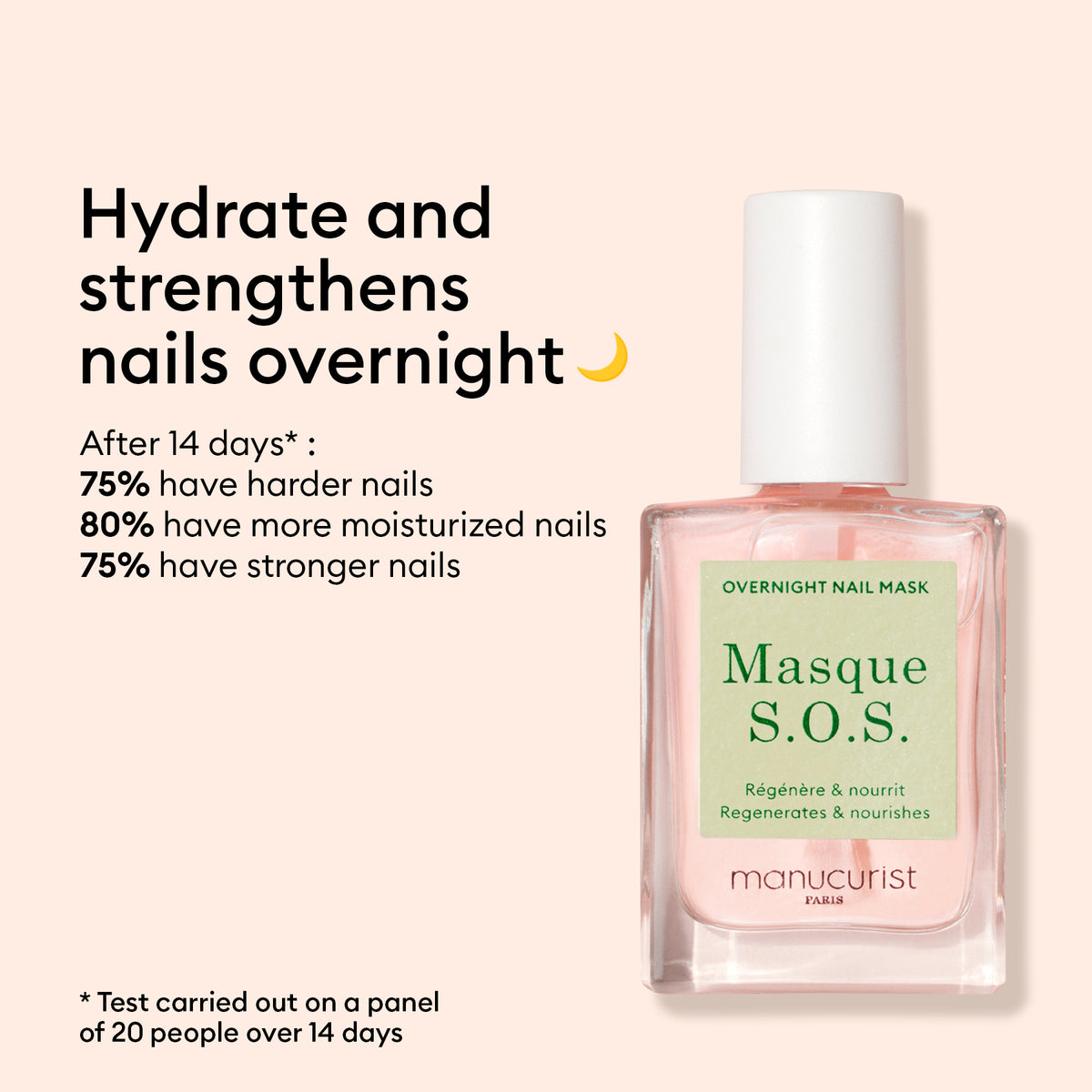 A bottle of Strong Glow Trio by Manucurist sits on a light background, with text highlighting this nail treatment hydrates and strengthens damaged nails overnight, and survey results showing improved hardness, moisture, and strength after 14 days.