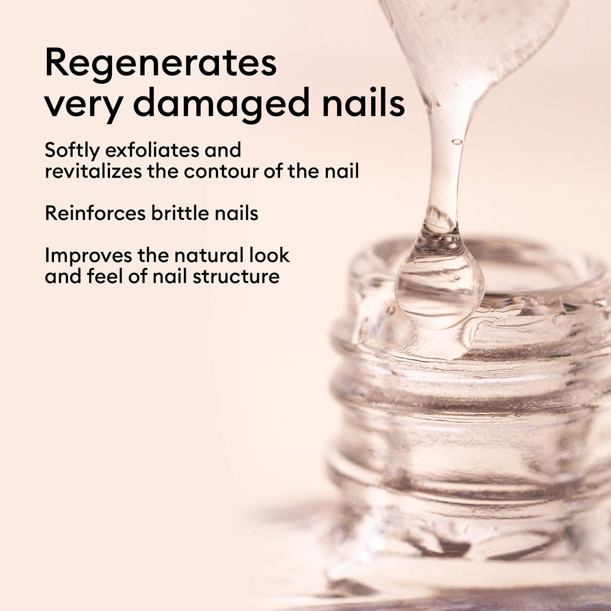 A dropper dispenses clear liquid into a glass bottle. Text: Manucurist S.O.S Nail Strengthener regenerates very damaged nails, softly exfoliates and revitalizes nail contours, and reinforces brittle nails for natural repair and structure.