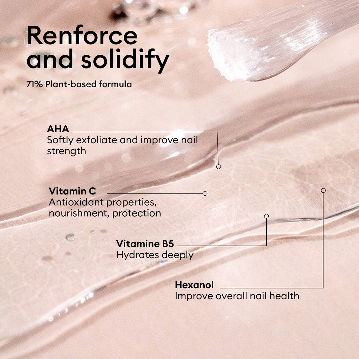A close-up of Manucurist S.O.S Nail Strengthener—71% plant-based formula for damaged nails—with a brush applying clear liquid and text highlighting AHA (exfoliates), Vitamin C (antioxidant), Vitamin B5 (hydrates), and Hexanol (strengthens).