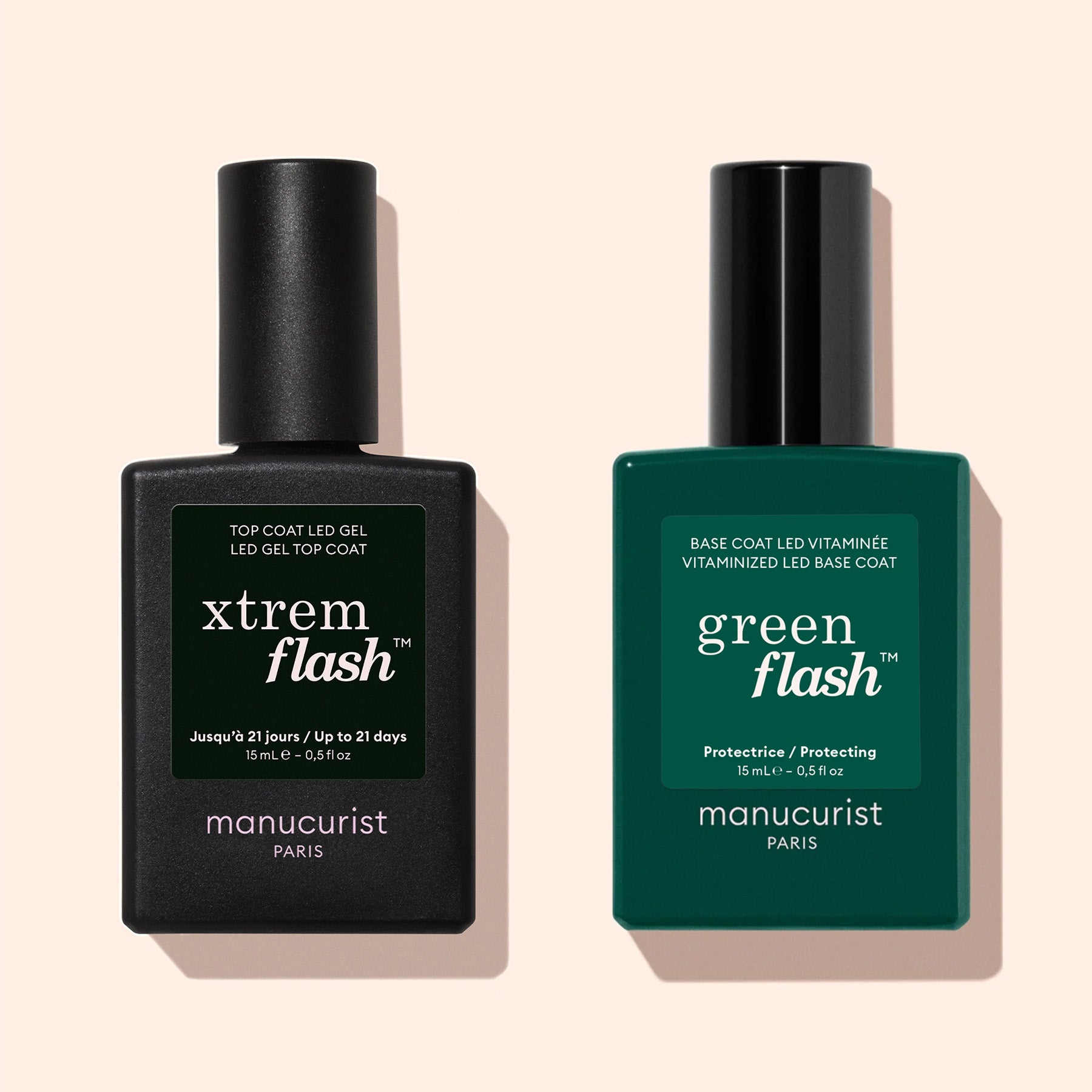 Two Manucurist nail products on a light beige background: left, Xtrem Flash™ Gel Top Coat in a black bottle for long-lasting manicures; right, Green Flash in a green bottle for express removal.