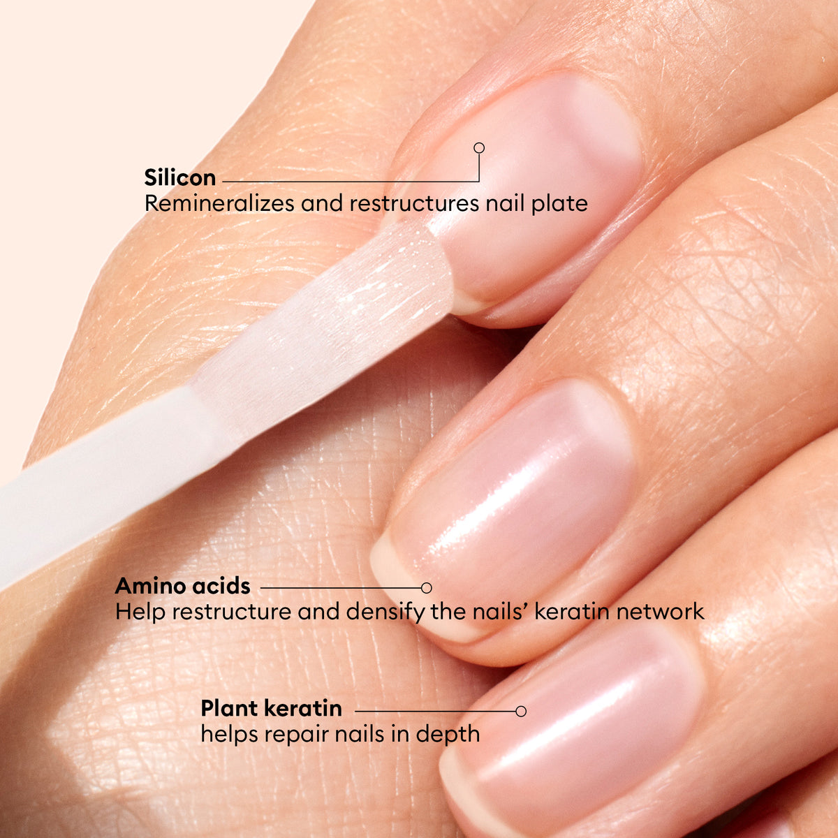 A close-up of a hand applying Manucurist Bitter Polish, with labels highlighting silicon to remineralize nails, amino acids to densify keratin, and plant keratin to deeply repair—a powerful anti nail-biting strengthener.