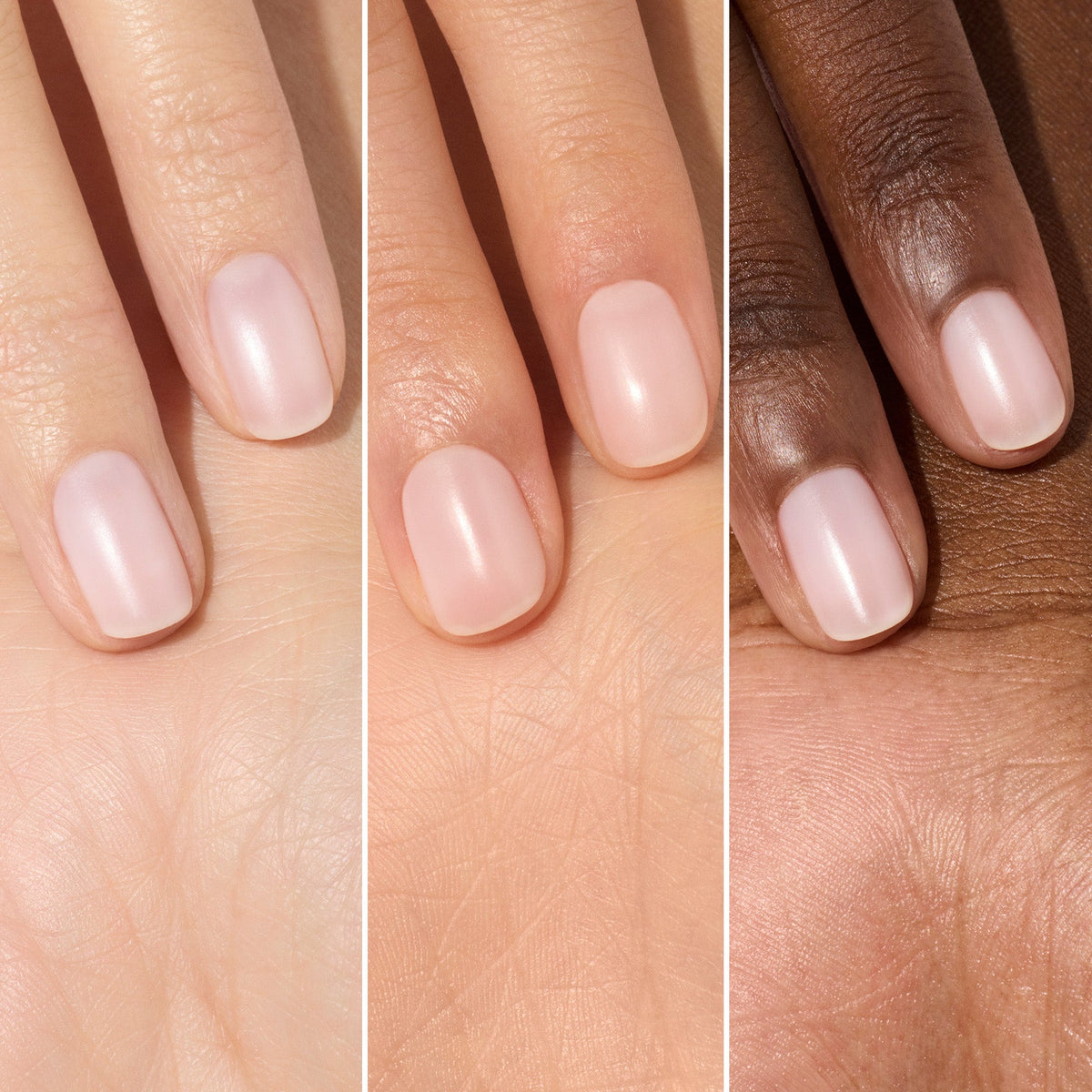 Three hands with different skin tones, each displaying nails painted with Manucurist Active™ Blur— a glossy, light pink polish and nail strengthener. The hands are positioned side by side to showcase the vibrant color and healthy finish of Active™ Blur across varied skin tones.