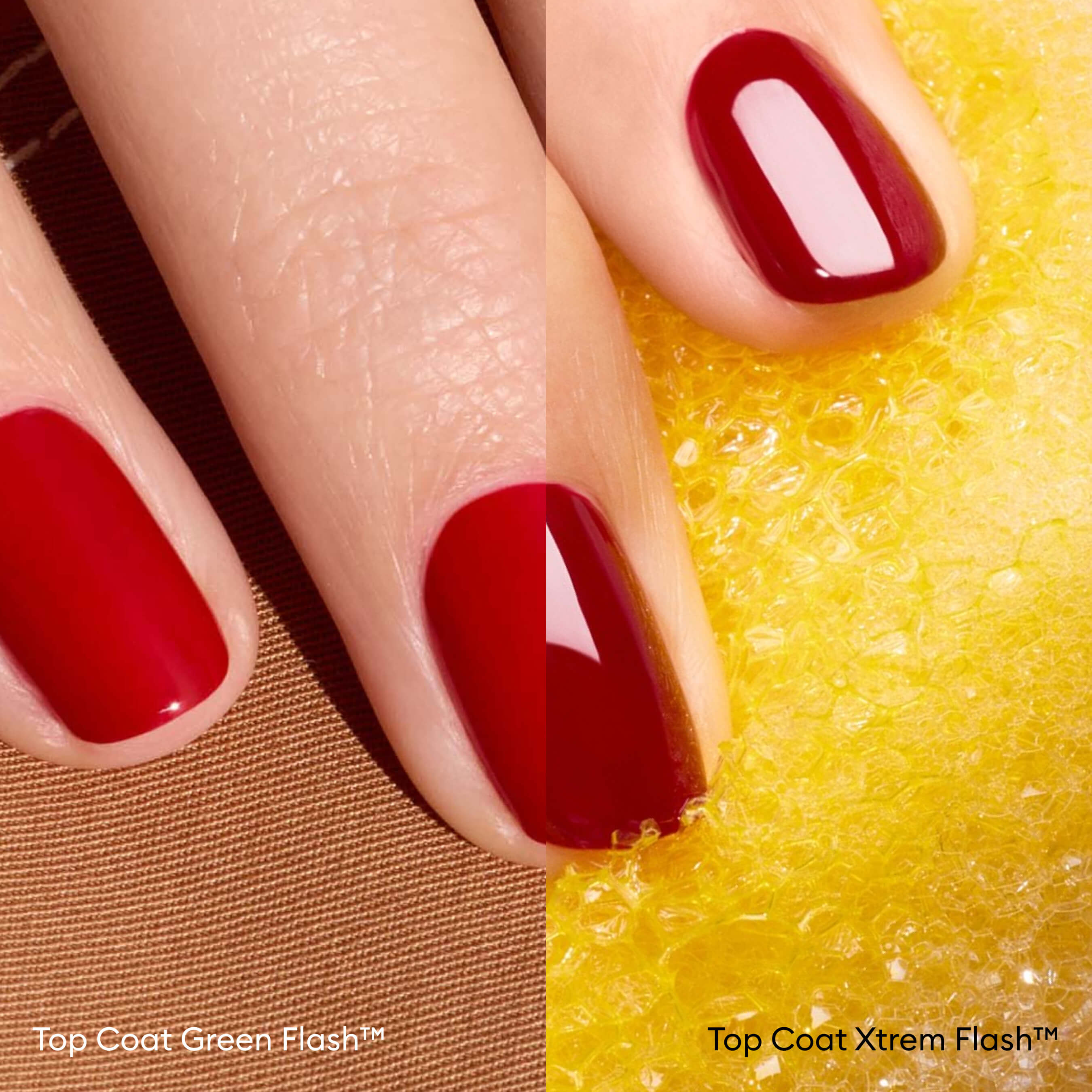 Close-up of two hands with shiny red gel polish using the Manucurist Super Addict Kit. The left hand rests on a tan surface, the right on yellow foam, both for an ultra-glossy manicure.