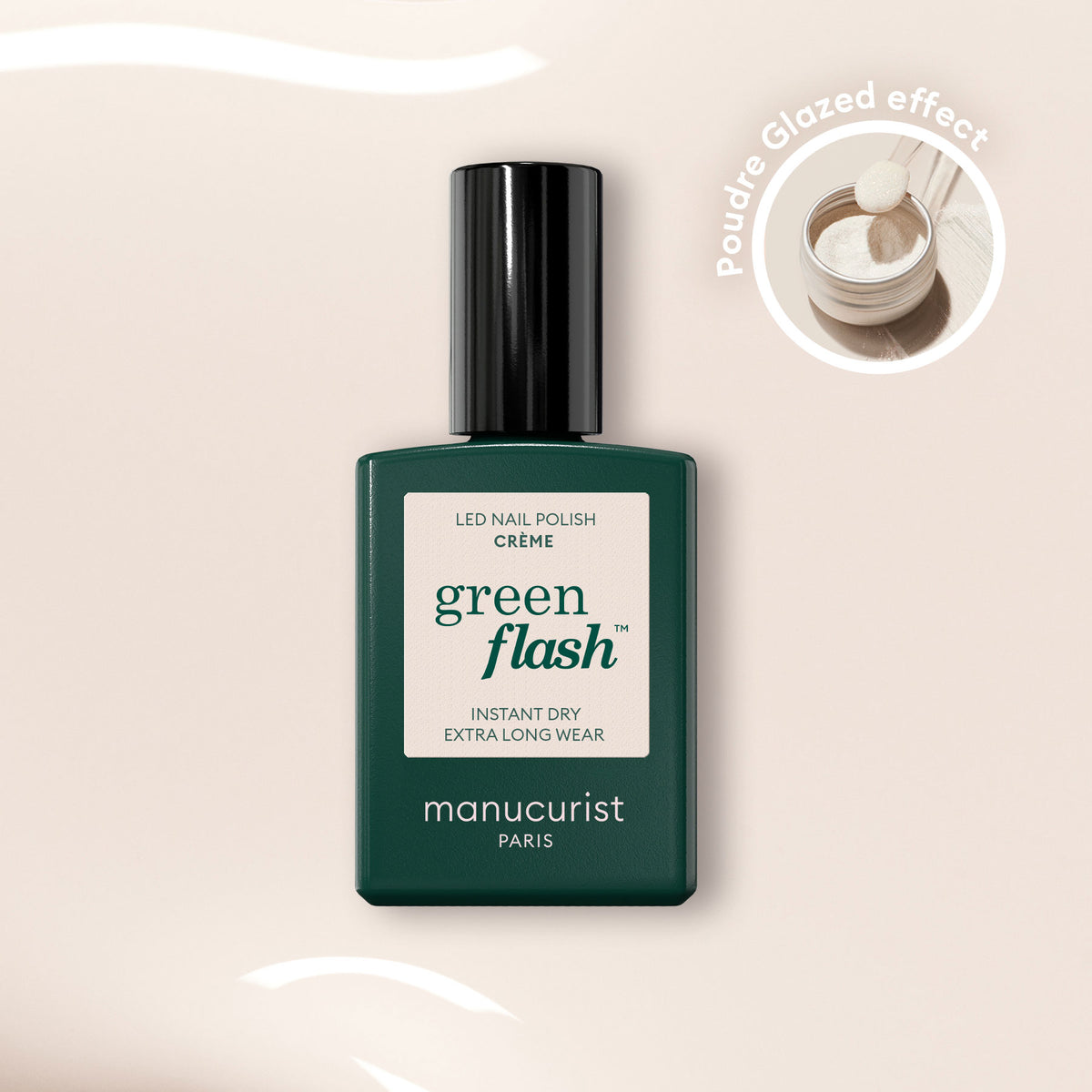 A bottle from Manucurist’s The One Only Duo sits on a beige background. The dark green bottle with black cap is paired with Glazed Effect Powder in a circular inset, ideal for creating an ultra-glowy manicure.