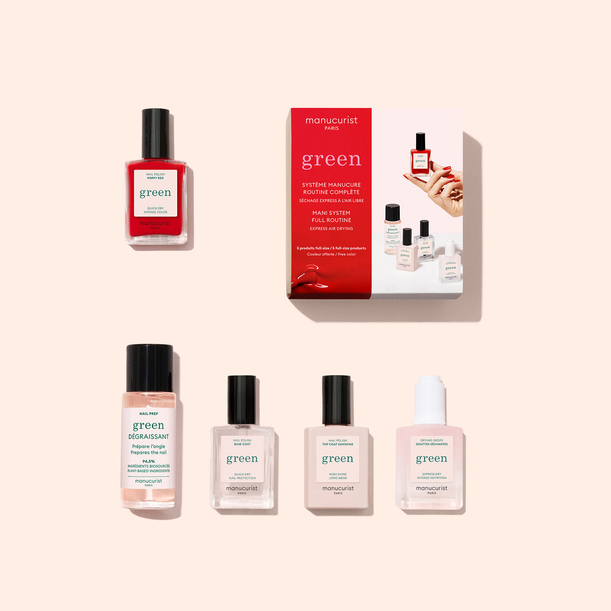 The Green™ Starter Kit includes a box, a bottle of red polish, and four bottles of nail care treatments, including nail prep, base coat, top coat, and drying drops for a gel effect manicure.