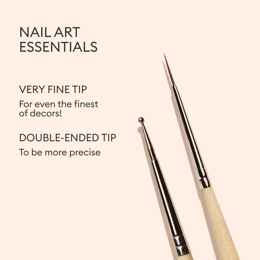 Two Manucurist Dotting Tool Nail Art Liner Brush Duo tools with fine tips are set against a beige background. Text reads: “Nail Art Essentials.” Featuring ultra-fine tips, this double-ended duo is perfect for even the most intricate designs, providing extra precision for your nail art.