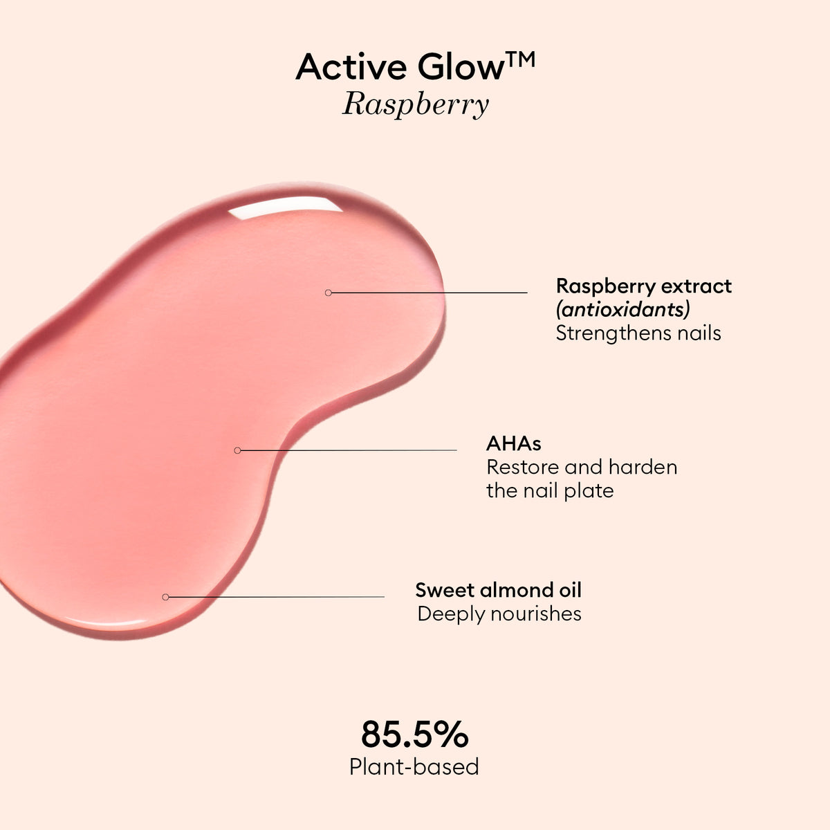 A pink liquid drop appears on a beige background, labeled “Active™ Glow Raspberry” by Manucurist. The text highlights its key ingredients—raspberry extract, AHAs, and sweet almond oil—which benefit the nails. This nail enhancer is 85.5% plant-based and formulated to add natural radiance to your nail care routine.
