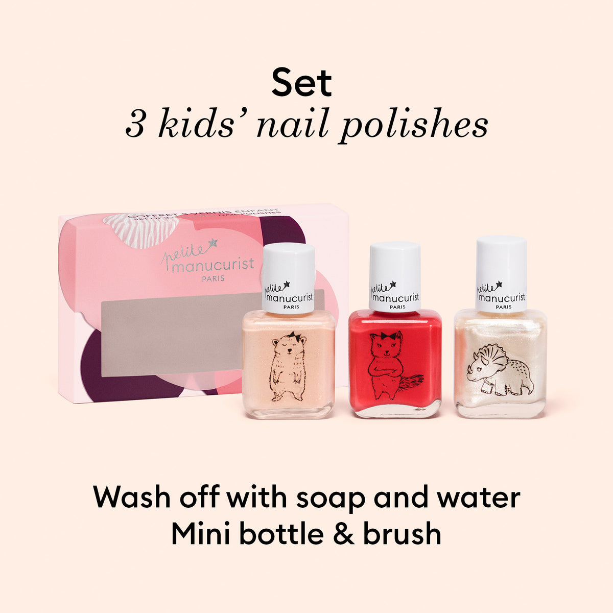 The Petite Manucurist Trio by Manucurist features 3 children’s nail polishes with natural origin ingredients. Fun animal designs on mini bottles in light pink, red, and white—washes off easily with soap and water. Perfect gift set!.