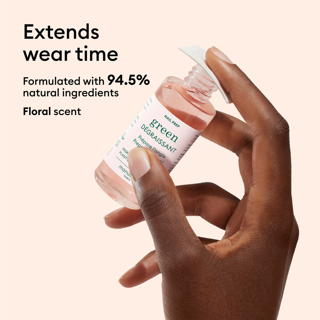 A hand holds a bottle of green Manucurist Degreaser. Text highlights: 94.5% plant-based formula, floral scent, boosts polish adhesion, extends wear time—ideal for prepping nails.