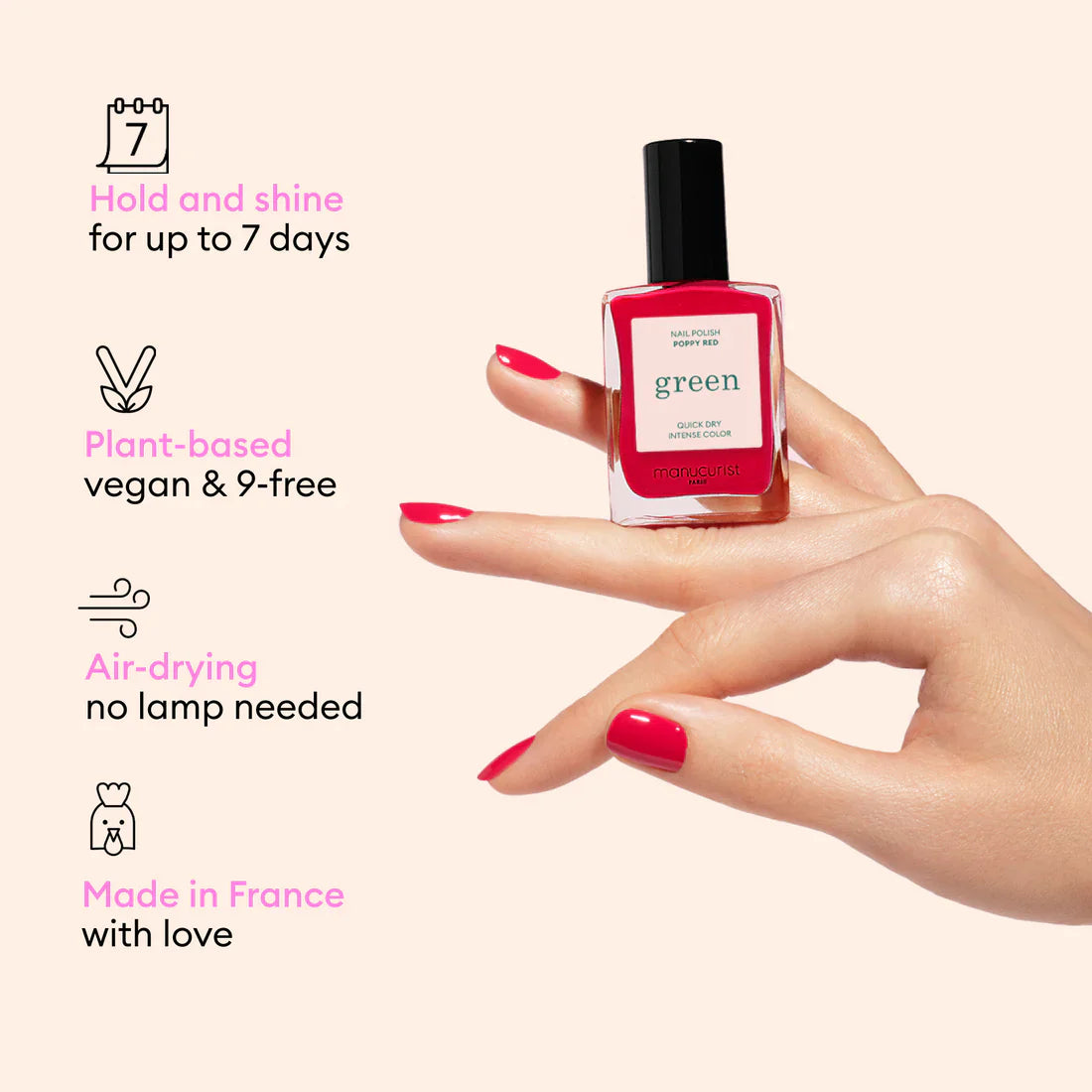 A hand with red-painted nails holds a Manucurist Customisable Rainbow Green bottle. Icons and text note: 7-day hold, plant-based vegan, air-dries, and made in France with love.