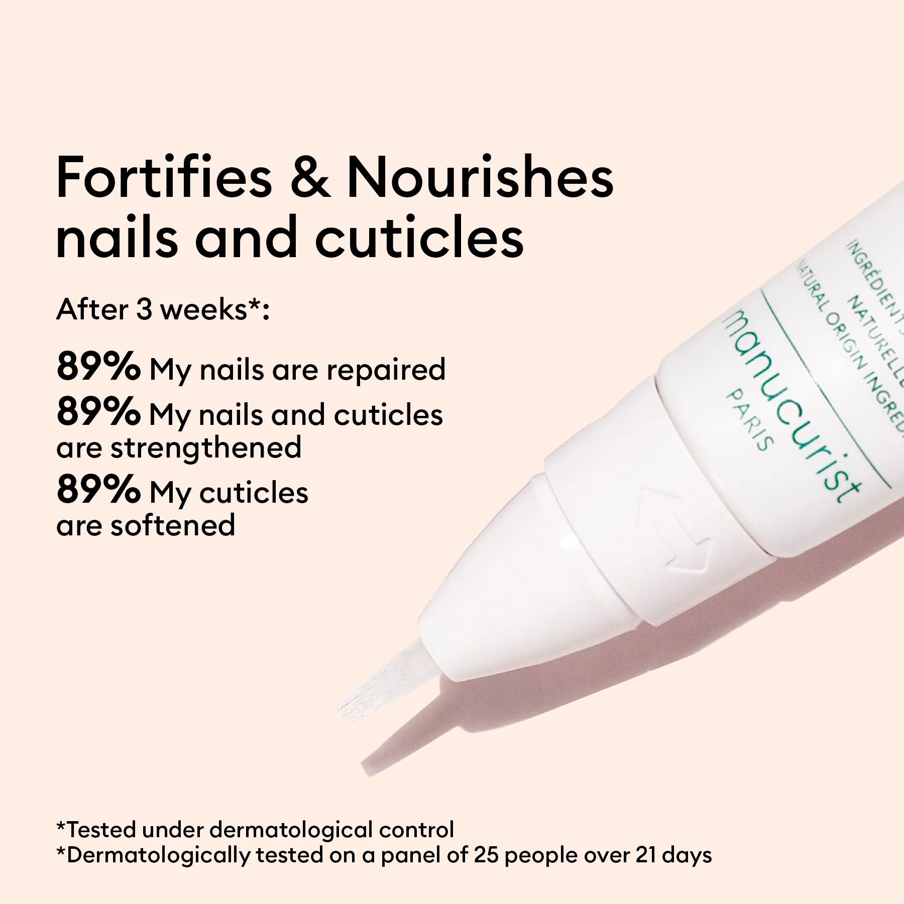 The Manucurist Ultimate Routine - Soft Nails pen rests on a light pink background. After 3 weeks, 89% saw repaired, stronger nails and cuticles, softer cuticles, and improved nail growth.